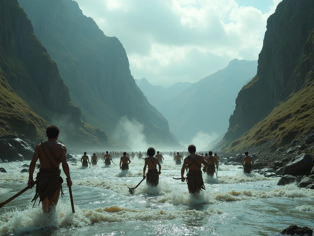 Scene 1: The River Crossing
The setting is a dense jungle with lush greenery surrounding a wide, flowing river. The river's current is swift, and on the riverbank, King Dutugemunu's army is gathered. The soldiers, dressed in traditional ancient Sri Lankan armor made of leather and metal, are visibly tired and frustrated. They stand in a loose formation, some with their hands on their hips, others looking around for a solution. In the foreground, a massive boulder, jagged and immovable, blocks the narrow crossing point. The soldiers' faces show worry and uncertainty as they realize their path is obstructed