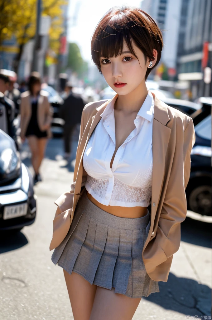 a 18 year old face of the most beautiful actress in the world, the perfect body proportions of a female, tight blazer is worn on formal shirt of female upper body, shirt skirt is worn on panties of female lower body, panties between bare legs under short skirt are seen just a little, sexy crotch of a female, the short hair cut of a female is just like male one, standing, at the city street, nsfw, best quality, highly detailed, masterpiece, ultra high res, photo realistic, 8k
