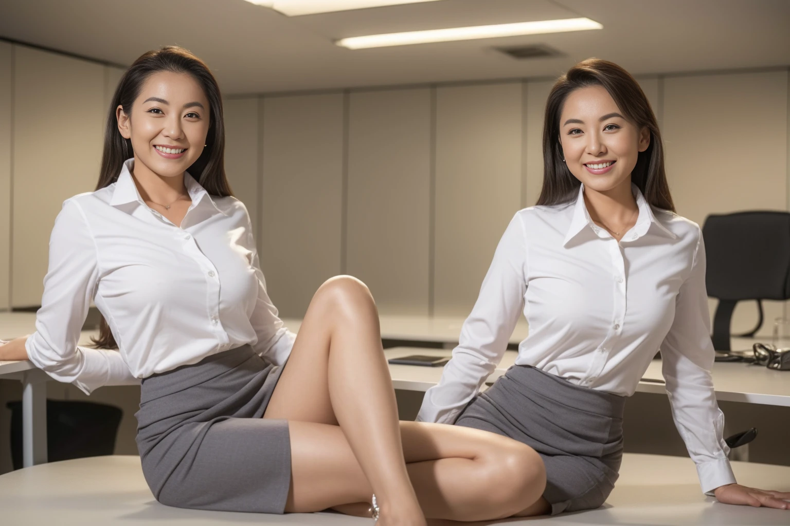 (( best quality, 8k, Masterpiecedetails,  ultra high resolution)), ( staring at the viewer ), ( full shot :),  Attractive Business 5 Mature Women , 5 people, A little thick:0.25,  White Collared Shirt ,  gray skirt, ( sitting cross-legged at office desk)), smile, CEO Office ,