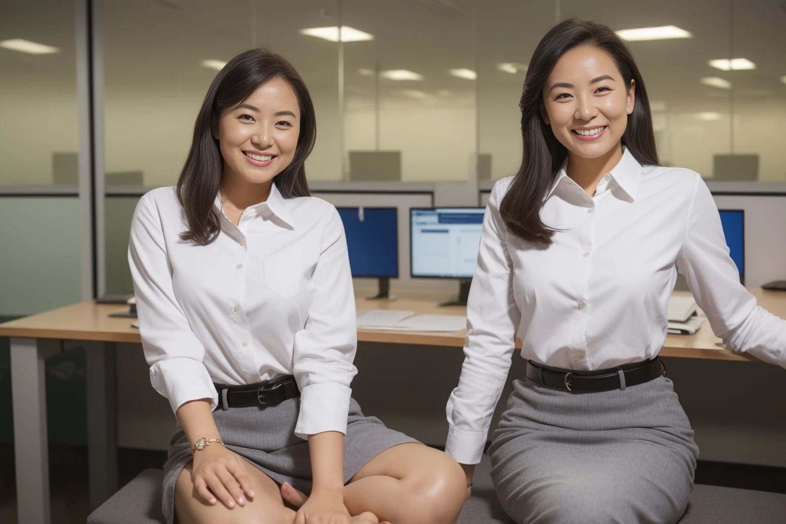 (( best quality, 8k, Masterpiecedetails,  ultra high resolution)), ( staring at the viewer ), ( full shot :),  Attractive Business 5 Mature Women , 5 people, A little thick:0.25,  White Collared Shirt ,  gray skirt, ( sitting cross-legged at office desk)), smile, CEO Office ,