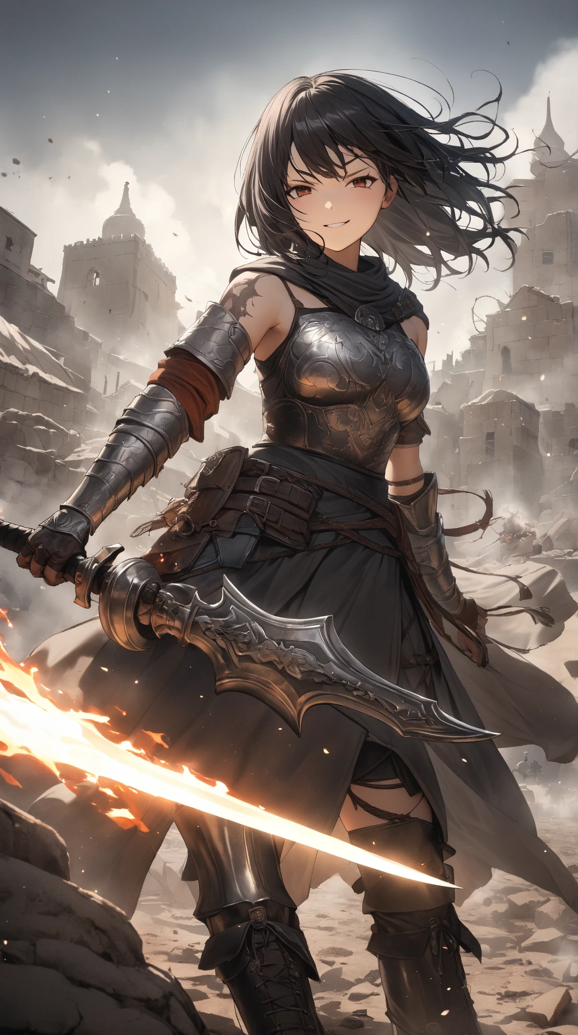 1 girl, ( cute face), ( smirking )), Medium Hair , to many hairstyle, Fantasy Warrior , , Tunic Armor , Leather boots, Silver decoration, Has a Sword in his hand, Pottery skin , break, Battlefield Scenery, (Cold Light:1.1), Strong Atmosphere , break, Smoke and Fire , Brave look, Determined Setting , Character Focus , game cg, absurdres, highres icon, ultra detailed, beautiful, masterpiece, best quality
