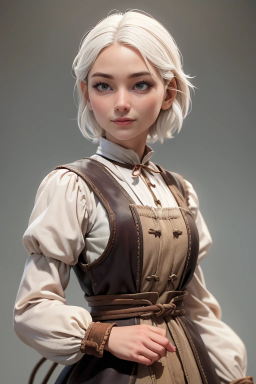 Peasant woman from "Chronicles of Narnia ", short white hair, brown eyes,  Dynamic Pose , Expression happiness, Iluminación natural,  ultra resolution ,  plain white background , without patterns, No textures.