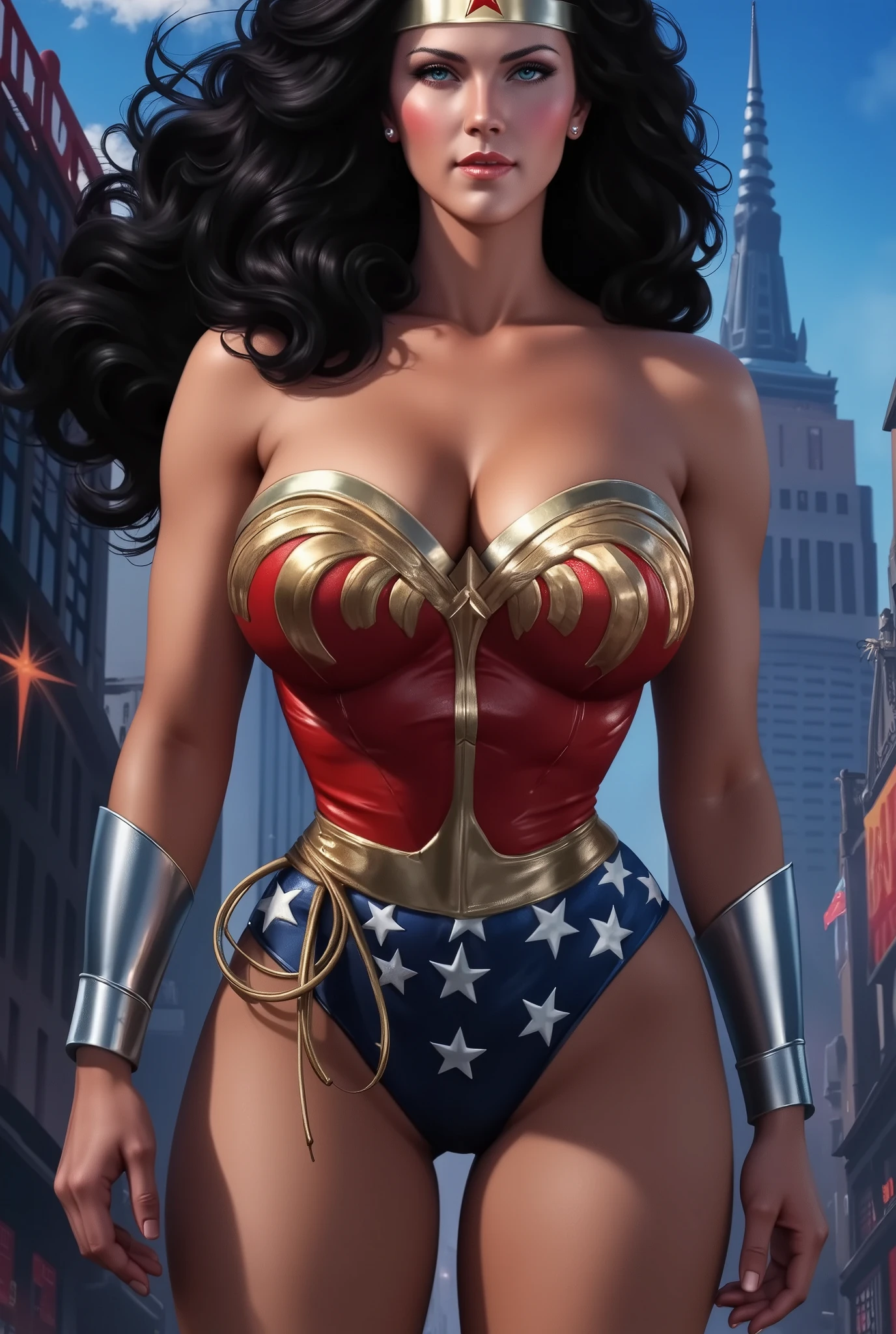 a gorgeous Wonder woman in a tight red and blue costume, long dark hair, beautiful detailed eyes, striking facial features, muscular athletic physique, confident powerful posture, in an epic action pose, dynamic lighting, cinematic dramatic scene, digital painting, intricate detailed rendering, hyper realistic, 8k, vibrant colors, dramatic shadows, cinematic lighting, heroic, powerful, awe-inspiring