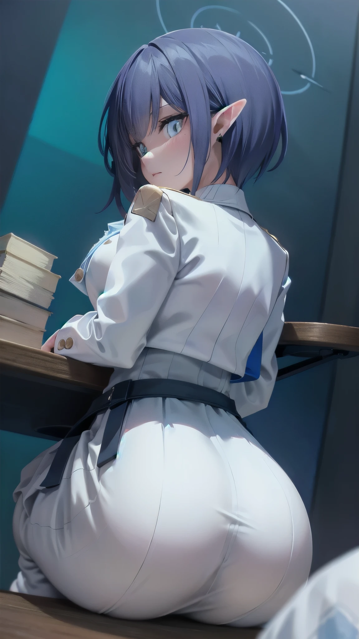 big ass, sitting on table, sitting, close up, white dress, from behind, ((from below)), big ass