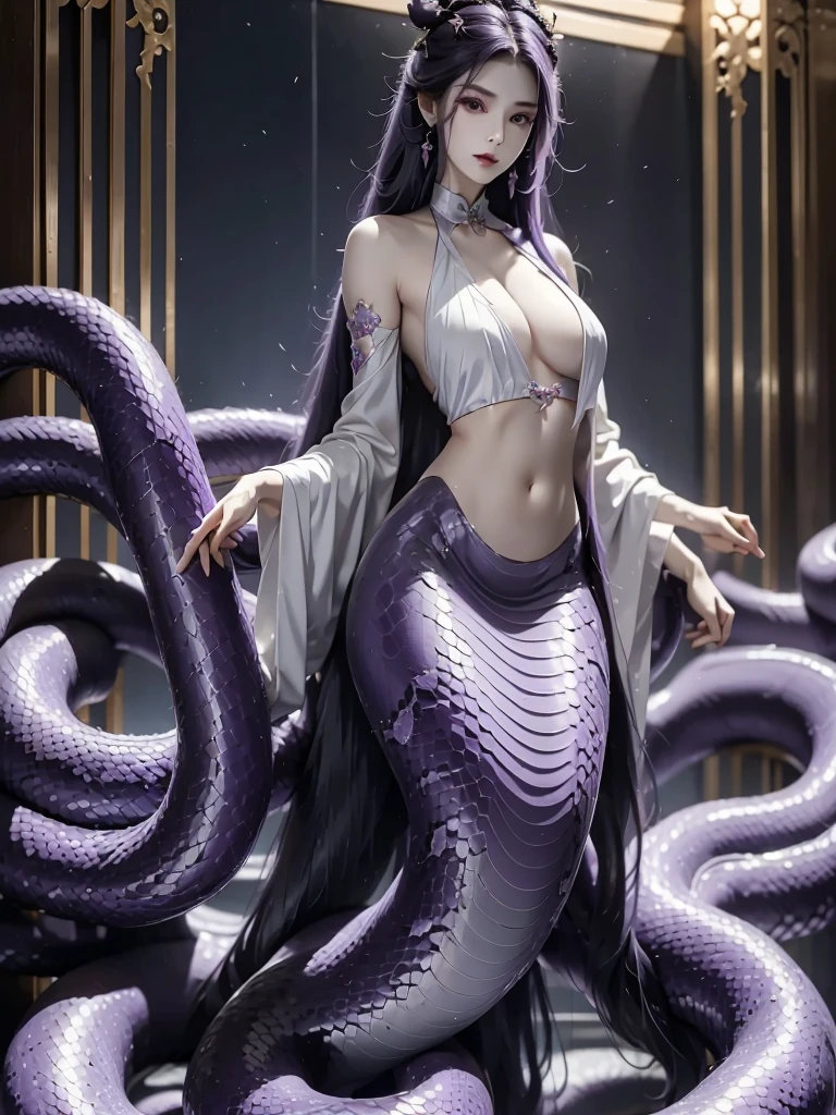 anime snake girl, lamia, snake body without legs ,extremely detailed artgerm, detailed digital anime art, trending on artstation pixiv, fine details. anime. snakegirl, many snakes as hair, 2. 5 d cgi anime fantasy artwork, scales on her chest, seductive anime snakegirl, blue scales covering her chest, fanart best artstation