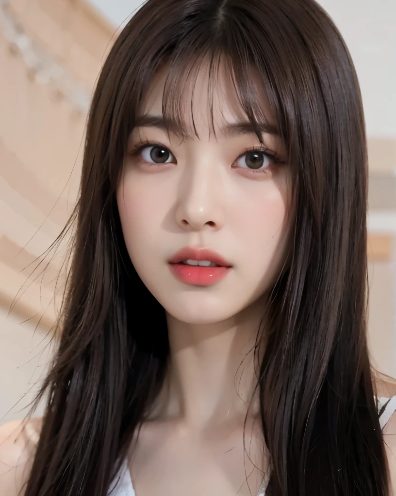 1girl,  (8k, best quality, masterpiece), utra realistic, ultra-detailed, Medium length hair, dark brown hair, modern background and clean, korean girl, beautiful girl, detailed teeth, detailed eyes, natural skin texture, glossy lips, cherry lips colored, round eyes, double eyelid, youthful face, straight bangs, brown eyes, brown hair, utra realistic, casual chic clothing, perfect nose, small nose, fine nose, rounded eyes, delicate face, normal expression 