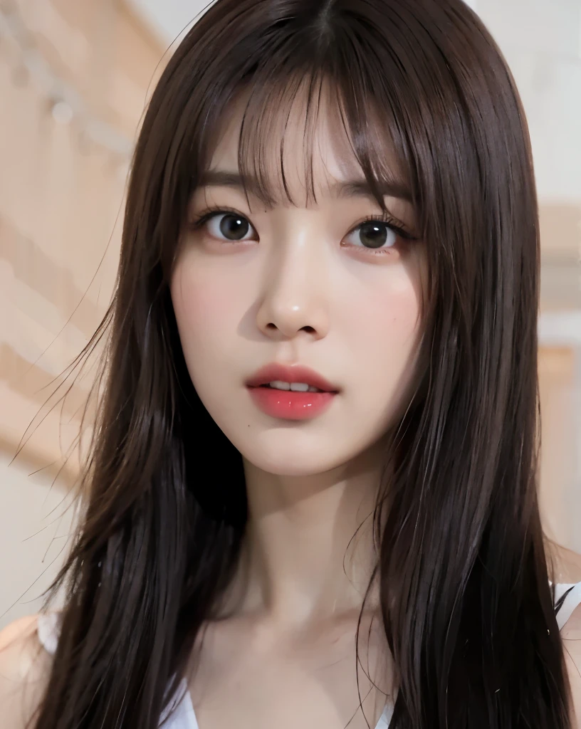 1girl,  (8k, best quality, masterpiece), utra realistic, ultra-detailed, Medium length hair, dark brown hair, modern background and clean, korean girl, beautiful girl, detailed teeth, detailed eyes, natural skin texture, glossy lips, cherry lips colored, round eyes, double eyelid, youthful face, straight bangs, brown eyes, brown hair, utra realistic, casual chic clothing, perfect nose, small nose, fine nose, rounded eyes, delicate face, normal expression 