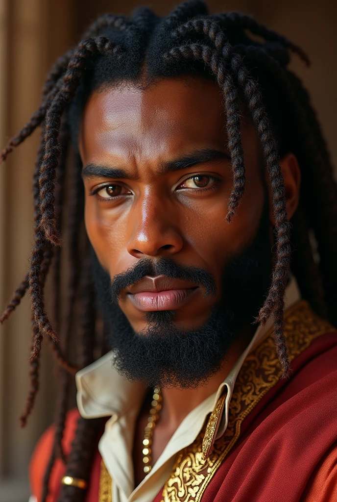 close up portrait of a 26 year-old confident blasian dark-skinned medieval fantasy nobleman, almond-shaped eyes, gorgeous hazel-colored eyes, very long hair, dutch braids and dreadlocks, chin strap beard, square jaw, intense and fierce look, steadfast expression, athletic, strong, imposing, rich traditional fantasy north african nobleman's clothes, in a fantasy north african palace, (backlighting), realistic, masterpiece, highest quality, lens flare, shade, bloom, chromatic aberration, by Jeremy Lipking, by Antonio J. Manzanedo, digital painting