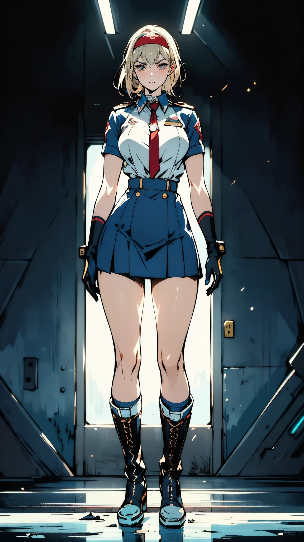 (masterpiece:1.2, best quality:1.2, extremely delicate:1.2), ((Alexandra Daddario:1.2)), a girl with short light golden hair, a metal headband on her forehead, icy gaze, detached expression, smooth and exquisite facial appearance, perfect body, perfect skin, porcelain skin, pale skin, sci-fi military uniform, short sleeves, gloves, short skirt integrated with the outfit, dark fitted pants, knee-high military boots, the color scheme is primarily Blue with White and Yellow accents, surrounded by AR virtual interfaces, standing in a futuristic sci-fi-styled room, this character embodies a finely crafted futuristic sci-fi female officer in anime style, exquisite and mature art style, exquisite photography, Photo realism, photorealistic, even and soft lighting on face, dramatic, high definition, highres, ultra-detailed, ultra-fine painting, professional, perfect body proportions, anatomically correct, symmetrical face, extremely detailed eyes and face, high quality eyes, creativity, RAW photo, UHD, 32k, portrait lighting, Natural light, cinematic lighting, (masterpiece-anatomy-perfect:1.2)