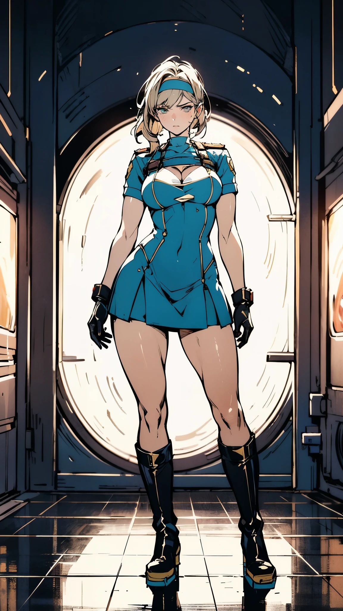 (masterpiece:1.2, best quality:1.2, extremely delicate:1.2), ((Alexandra Daddario:1.2)), a girl with short light golden hair, a metal headband on her forehead, icy gaze, detached expression, smooth and exquisite facial appearance, perfect body, perfect skin, porcelain skin, pale skin, sci-fi military uniform, short sleeves, gloves, short skirt integrated with the outfit, dark fitted pants, knee-high military boots, the color scheme is primarily Blue with White and Yellow accents, surrounded by AR virtual interfaces, standing in a futuristic sci-fi-styled room, this character embodies a finely crafted futuristic sci-fi female officer in anime style, exquisite and mature art style, exquisite photography, Photo realism, photorealistic, even and soft lighting on face, dramatic, high definition, highres, ultra-detailed, ultra-fine painting, professional, perfect body proportions, anatomically correct, symmetrical face, extremely detailed eyes and face, high quality eyes, creativity, RAW photo, UHD, 32k, portrait lighting, Natural light, cinematic lighting, (masterpiece-anatomy-perfect:1.2)