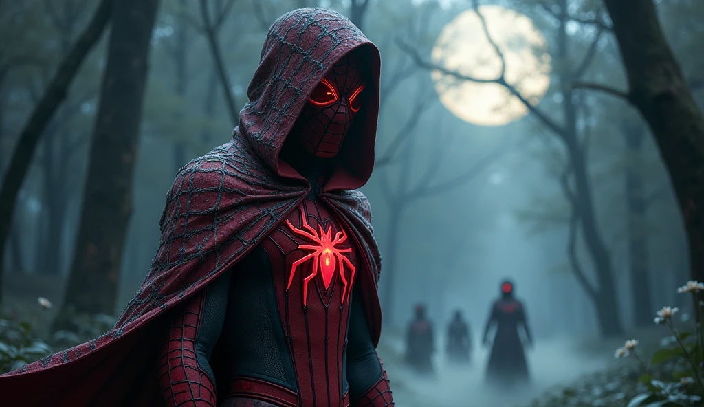 Spider with a navy color with green stripes without an spider logo with deep red eyes that covers with a hood on the top of the rooftop
