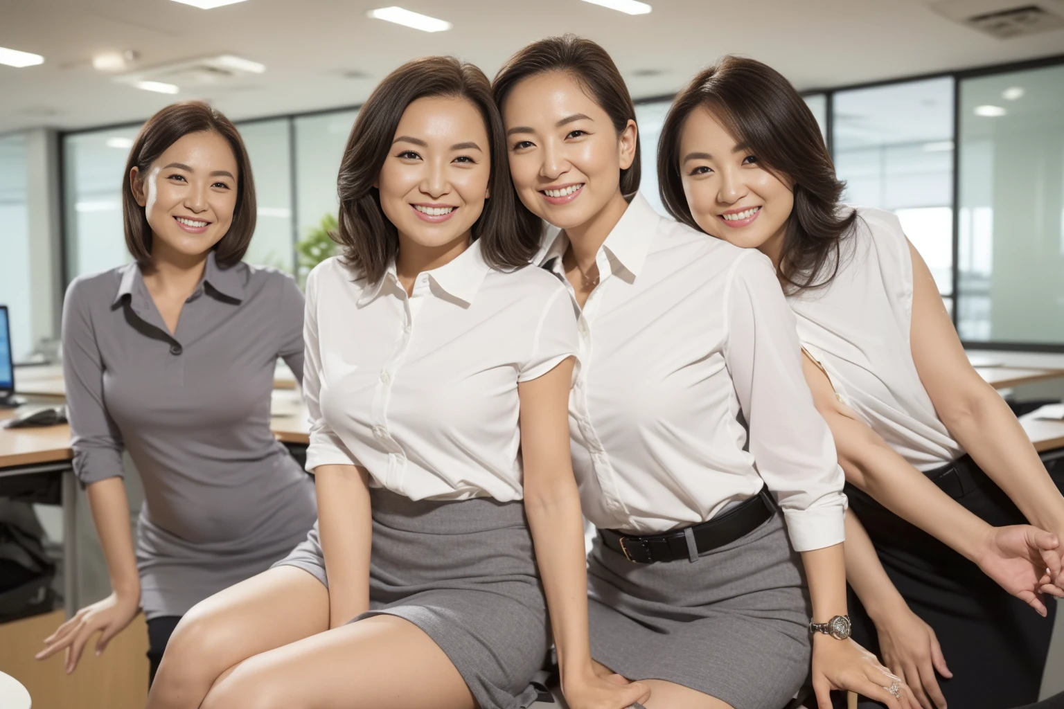 (( best quality, 8k, Masterpiecedetails,  ultra high resolution)), ( staring at the viewer ), ( full shot :),  Attractive Business 5 Mature Women , 5 people, A little thick:0.25,  White Collared Shirt ,  gray skirt, ( sitting cross-legged at office desk)), smile, CEO Office ,