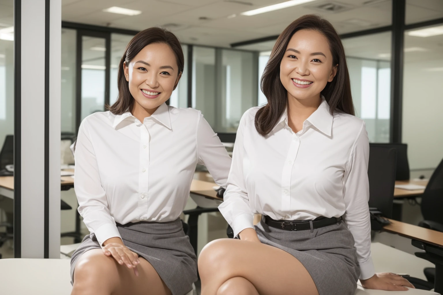 (( best quality, 8k, Masterpiecedetails,  ultra high resolution)), ( staring at the viewer ), ( full shot :),  Attractive Business 5 Mature Women , 5 people, A little thick:0.25,  White Collared Shirt ,  gray skirt, ( sitting cross-legged at office desk)), smile, CEO Office ,