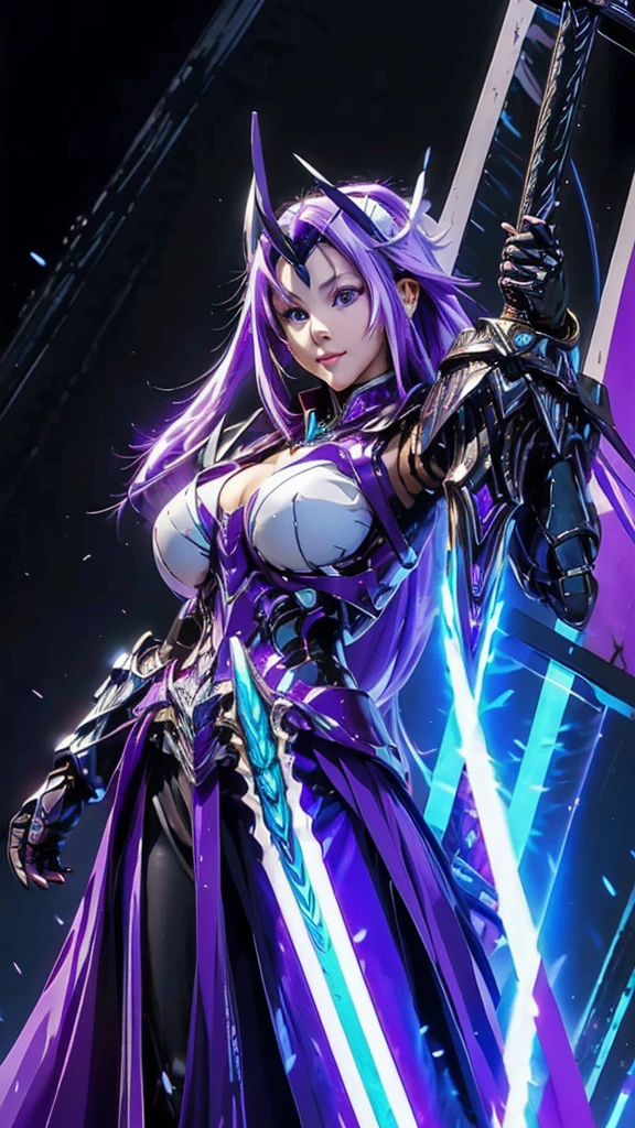 (Halo Knight, Alone, A girl in black armor, Beautiful purple eyes, Long purple hair,  Purple Wings , teeth、 holds a huge purple energy sword in front of her,  I have a sword:1.3), ( simple glowing background :1.25)masterpiece,  best quality, Wide angle,  high detail, masterpiece,  best quality, 8k,  natural light, soft lighting, sunlight,  high definition  ( High Dynamic Range ),  Maximum Clarity and Clarity, Multilayer Texture、Tensura、Zion、One corner、 white cloak、white fur on her shoulder 、Big Breasts、whole body