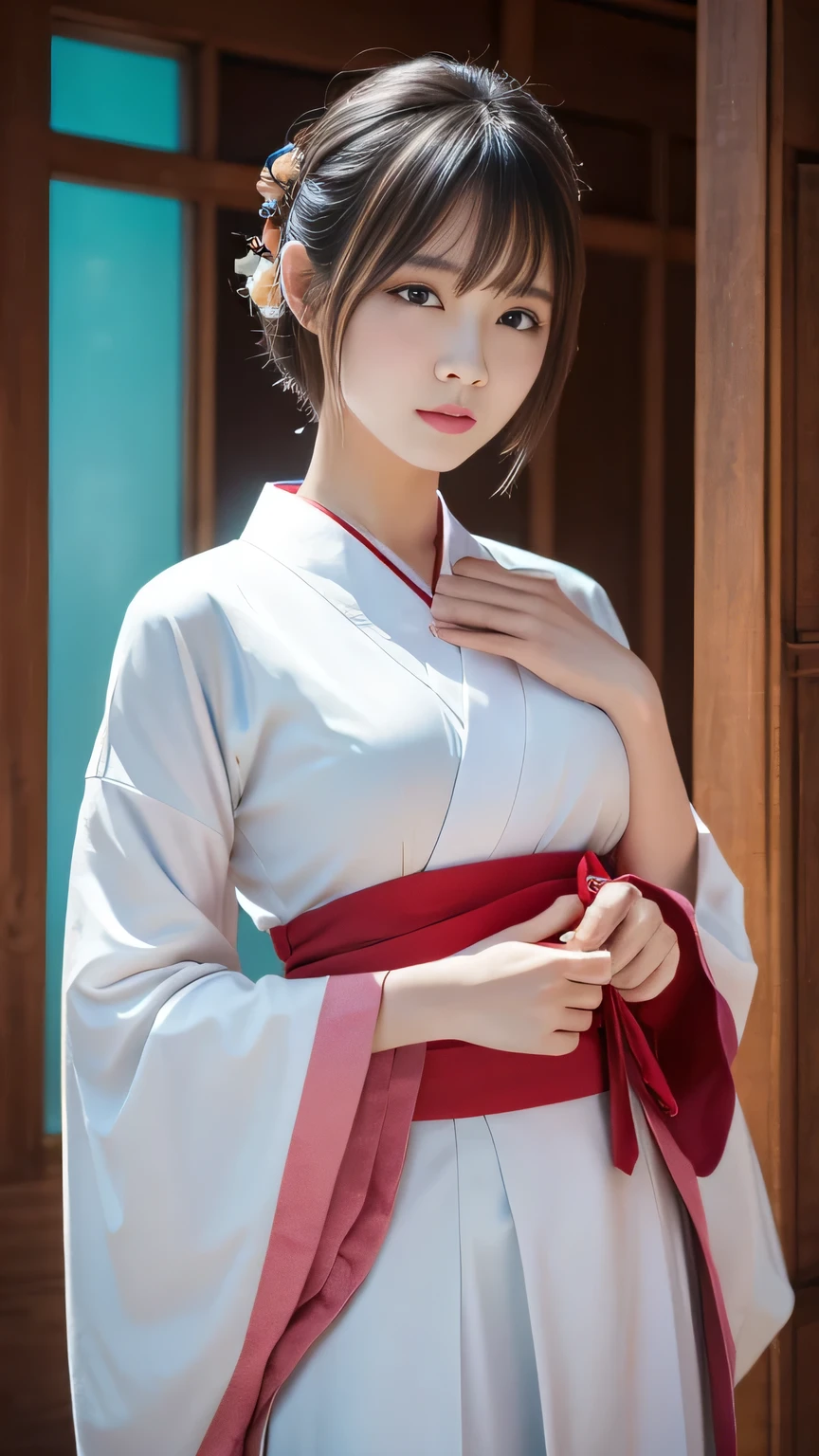 1 girl, short hair, Full Body Shot, Brown eyes, Absurd、melancholy,tears、sorrow、Depressed 、Shrine maiden costume、 White Kimono 、 Red Long Skirt 、silver hair、 put your hands together in front of your chest and offer a prayer、Facing straight ahead and looking at me、((High resolution, Super sharp, 8k, masterpiece)), Pure Erotic Face Ace_v1 , ((High resolutionolution)), The finer details, Face line, (Realistic, Realistic: 1.37), Professional Lighting, Photon Mapping, Radio City, Physically Based Rendering, Rich details, (Beautiful Face),(Beautiful Eyes), (Clear Face), (Detailed face description), (Detailed hand description), Extreme light and shadow, Glowing Skin、cool、Diagonal bangs for points、Less exposure、melancholy、dusk、Autumn clothes、Beautiful sunrise、She's like she's trapped between worlds . She has a deep sorry expression on her face while staring out,