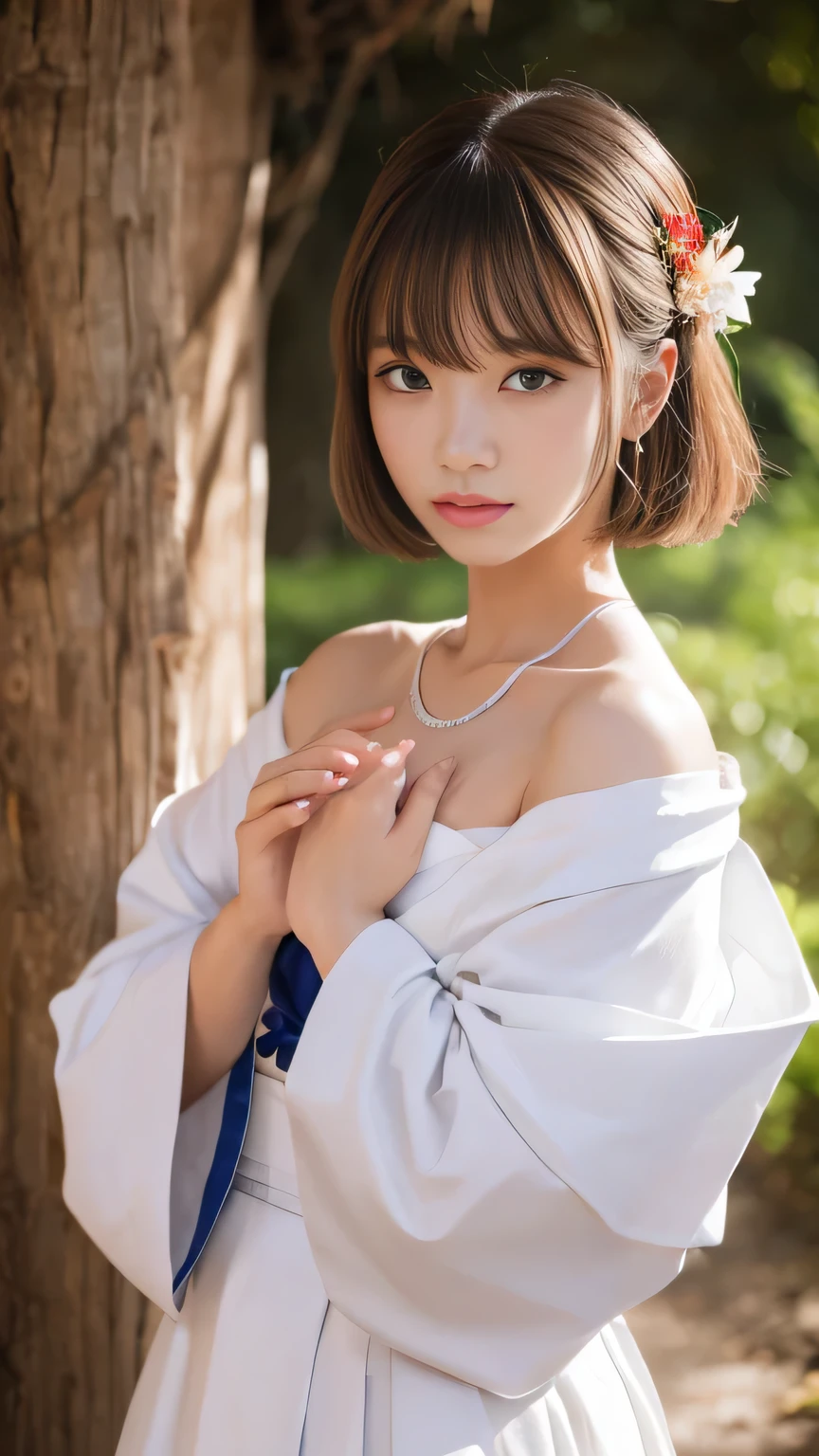 1 girl, short hair, Full Body Shot, Brown eyes, Absurd、melancholy,tears、sorrow、Depressed 、Shrine maiden costume、 White Kimono 、 Red Long Skirt 、silver hair、 put your hands together in front of your chest and offer a prayer、Facing straight ahead and looking at me、((High resolution, Super sharp, 8k, masterpiece)), Pure Erotic Face Ace_v1 , ((High resolutionolution)), The finer details, Face line, (Realistic, Realistic: 1.37), Professional Lighting, Photon Mapping, Radio City, Physically Based Rendering, Rich details, (Beautiful Face),(Beautiful Eyes), (Clear Face), (Detailed face description), (Detailed hand description), Extreme light and shadow, Glowing Skin、cool、Diagonal bangs for points、Less exposure、melancholy、dusk、Autumn clothes、Beautiful sunrise、She's like she's trapped between worlds . She has a deep sorry expression on her face while staring out,