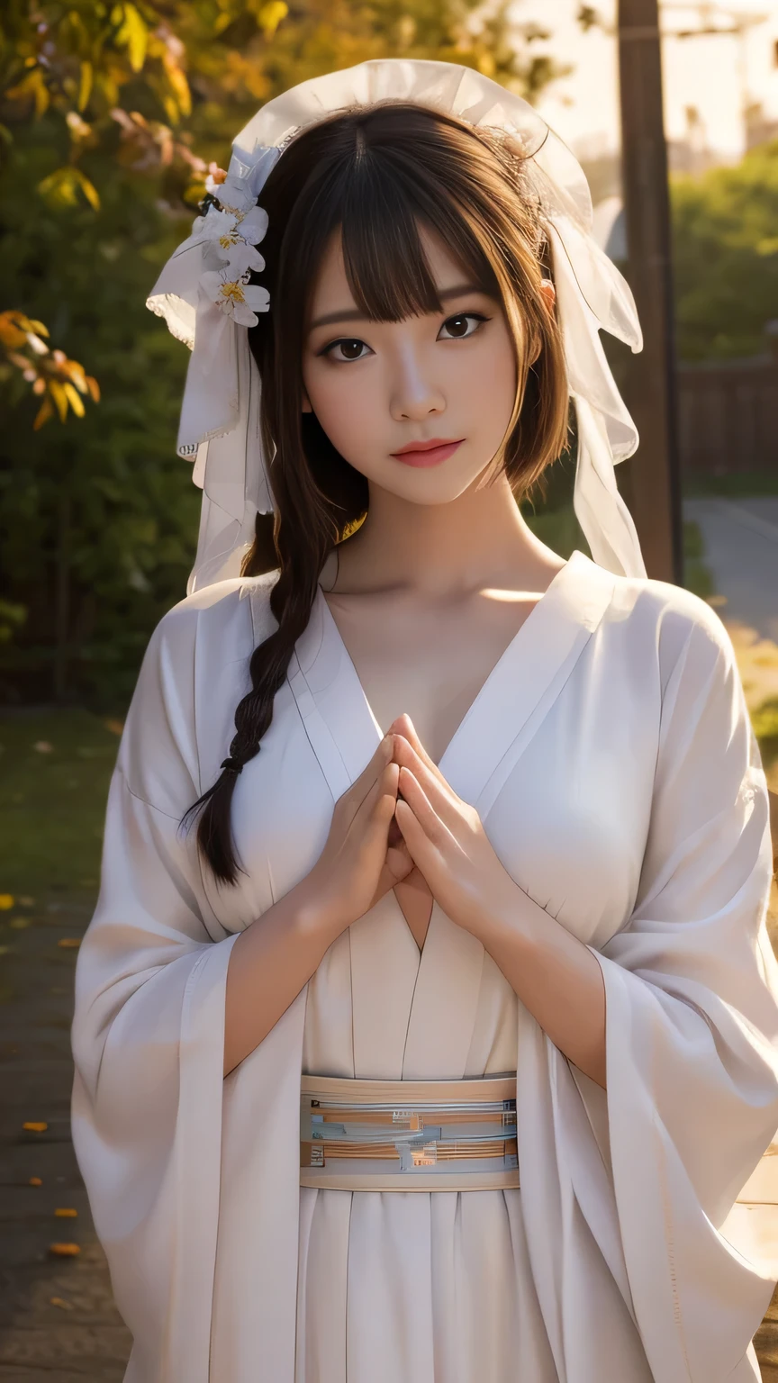 1 girl, short hair, Full Body Shot, Brown eyes, Absurd、melancholy,tears、sorrow、Depressed 、Shrine maiden costume、 White Kimono 、 Red Long Skirt 、Silver Hair、Put your hands together in front of your chest and offer a prayer、I'm looking straight at me、((High resolution, Super sharp, 8k, masterpiece)), Pure Erotic Face Ace_v1 , ((High resolutionolution)), The finer details, Face line, (Realistic, Realistic: 1.37), Professional Lighting, Photon Mapping, Radio City, Physically Based Rendering, Rich details, (Beautiful Face),(Beautiful Eyes), (Clear Face), (Detailed face description), (Detailed hand description), Extreme light and shadow, Glowing Skin、cool、Diagonal bangs for points、Less exposure、melancholy、dusk、Autumn clothes、Beautiful sunrise、She's like she's trapped between worlds . She has a deep sorry expression on her face while staring out,