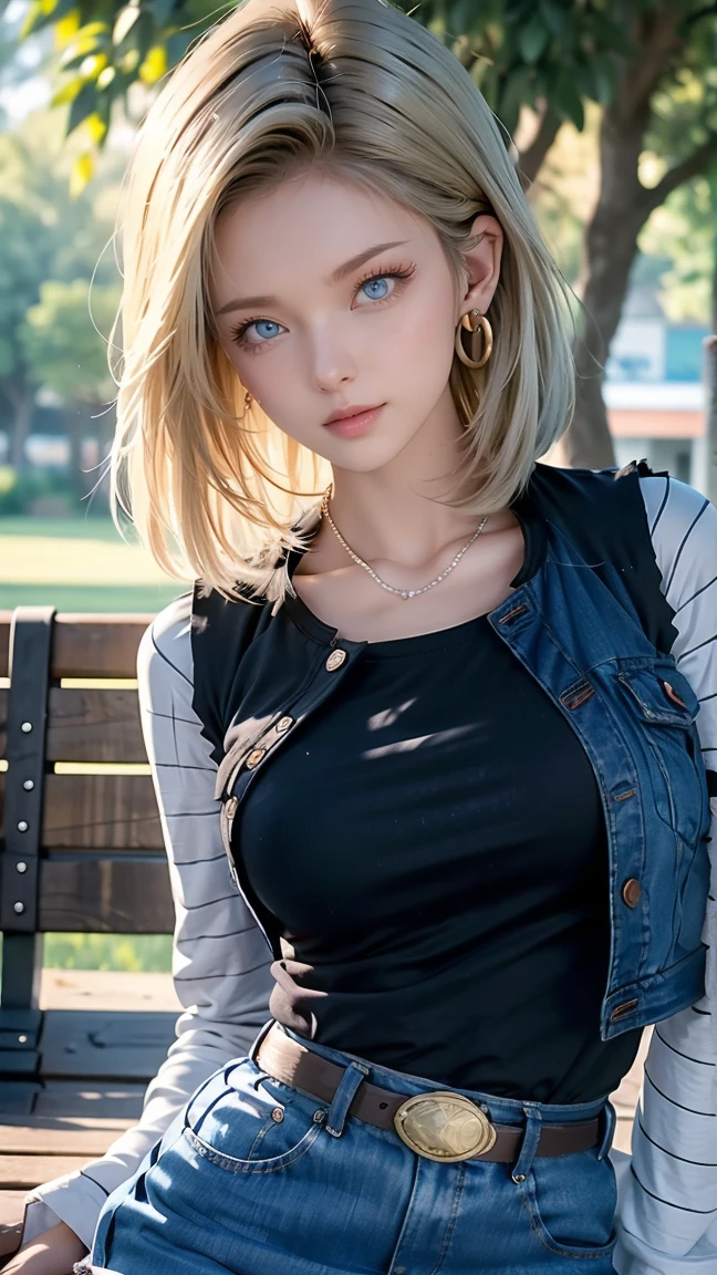 Android 18, Light Blonde hair, Medium hair shaggy cut for women, Blue Transparent eyes of Slavic Caucasians, She has sexy double eyelids above and below her eyes, The flash in the eyeballs is brilliant, She is not wearing any jewelry such as a necklace around her neck, open-chested Black -shirt, Not wearing a bra, She only Wears round earrings, Tight Long sleeves with black stripes on a white background, Blue denim mini vest, Blue denim mini skirt, The denim mini skirt and denim mini vest set in the same blue color, The mini denim vest does not have a zipper, but the mini denim skirt does, and the denim vest has five silver buttons to fasten the garment, The denim skirt's zipper seam line and stitching run vertically straight to the bottom of the skirt, and the denim vest has no zipper, so it's clean, Open-chested denim vest, Large breasts, Women's Western Cowboy Belt, Brown see-through pantyhose, Western short boots, Looking at viewer, On bench, She Her whole body is visible on the screen, She is lying on a bench in a seductively bent posture with her hips and waist draped over her back next to you viewer, Android 18 kisses the viewer with half-closed eyes on the bench, One eye is half-open, staring seductively at someone in front of you, and the other eye is completely closed, Her entire body is visible on the screen from viewer, She places her right hand on her big ass and supports her left-side breast with her left arm, She brings her whole body and face forward to you, She takes her tongue out of her mouth, and She tastes her lips for her tongue, Blue sky, outside, park, grass, Summer, trees, blue sky, high quality, masterpiece,