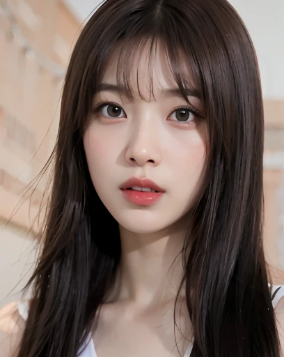 1girl,  (8k, best quality, masterpiece), utra realistic, ultra-detailed, Medium length hair, dark brown hair, modern background and clean, korean girl, beautiful girl, detailed teeth, detailed eyes, natural skin texture, glossy lips, cherry lips colored, round eyes, double eyelid, youthful face, straight bangs, brown eyes, brown hair, utra realistic, casual chic clothing, perfect nose, small nose, fine nose, rounded eyes, delicate face, normal expression 