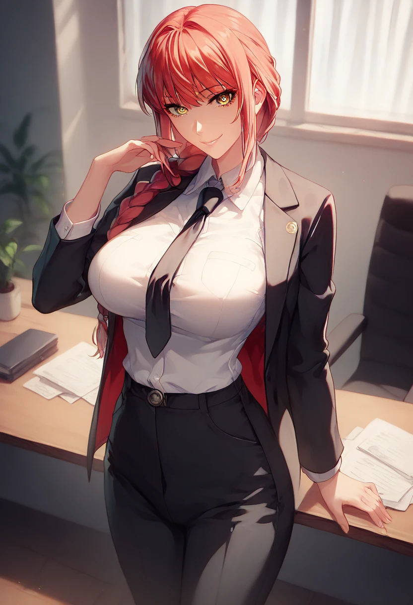 makima, makima, long hair, smile, bangs, small breasts, braid, red hair, braided ponytail, ringed eyes, BREAK shirt, long sleeves, jacket, white shirt, necktie, collared shirt, pants, black jacket, black pants, formal, suit, black necktie, shirt tucked in, office lady, BREAK indoors, office, BREAK looking at viewer, BREAK (masterpiece:1.2), best quality, high resolution, unity 8k wallpaper, (illustration:0.8), (beautiful detailed eyes:1.6), extremely detailed face, perfect lighting, extremely detailed CG, (perfect hands, perfect anatomy), (hyperbreasts, hyperass:1.1)