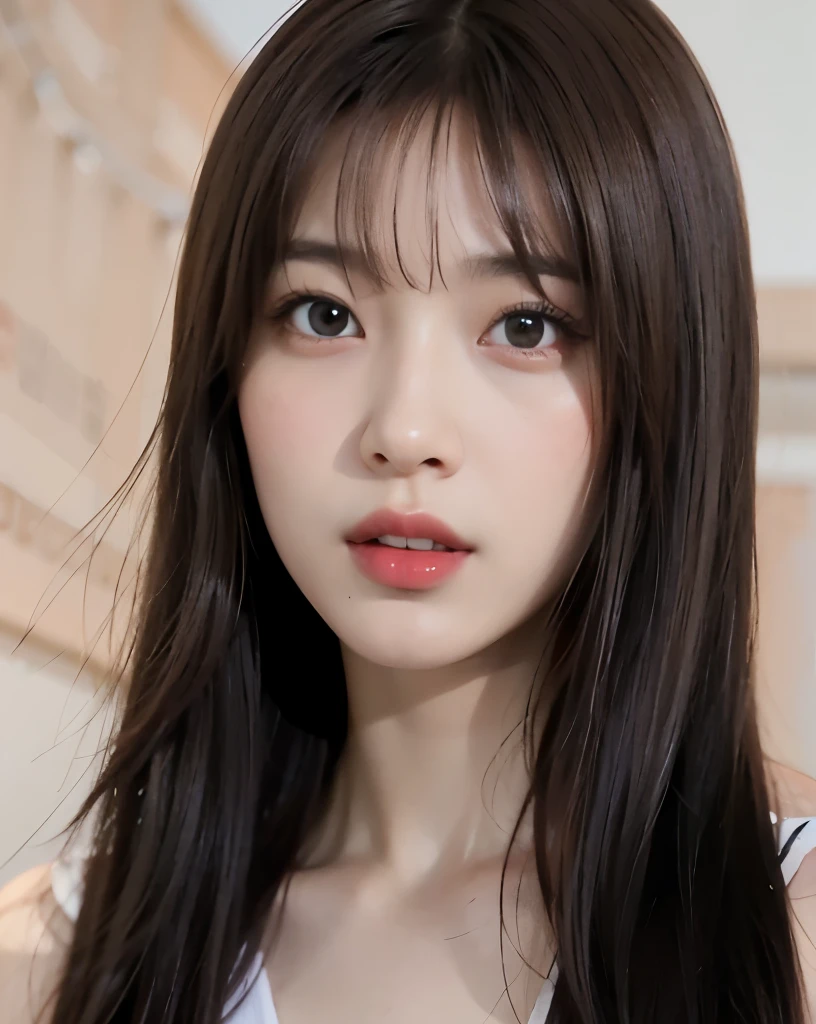 1girl,  (8k, best quality, masterpiece), utra realistic, ultra-detailed, Medium length hair, dark brown hair, modern background and clean, korean girl, beautiful girl, detailed teeth, detailed eyes, natural skin texture, glossy lips, cherry lips colored, round eyes, double eyelid, youthful face, straight bangs, brown eyes, brown hair, utra realistic, casual chic clothing, perfect nose, small nose, fine nose, rounded eyes, delicate face, normal expression 