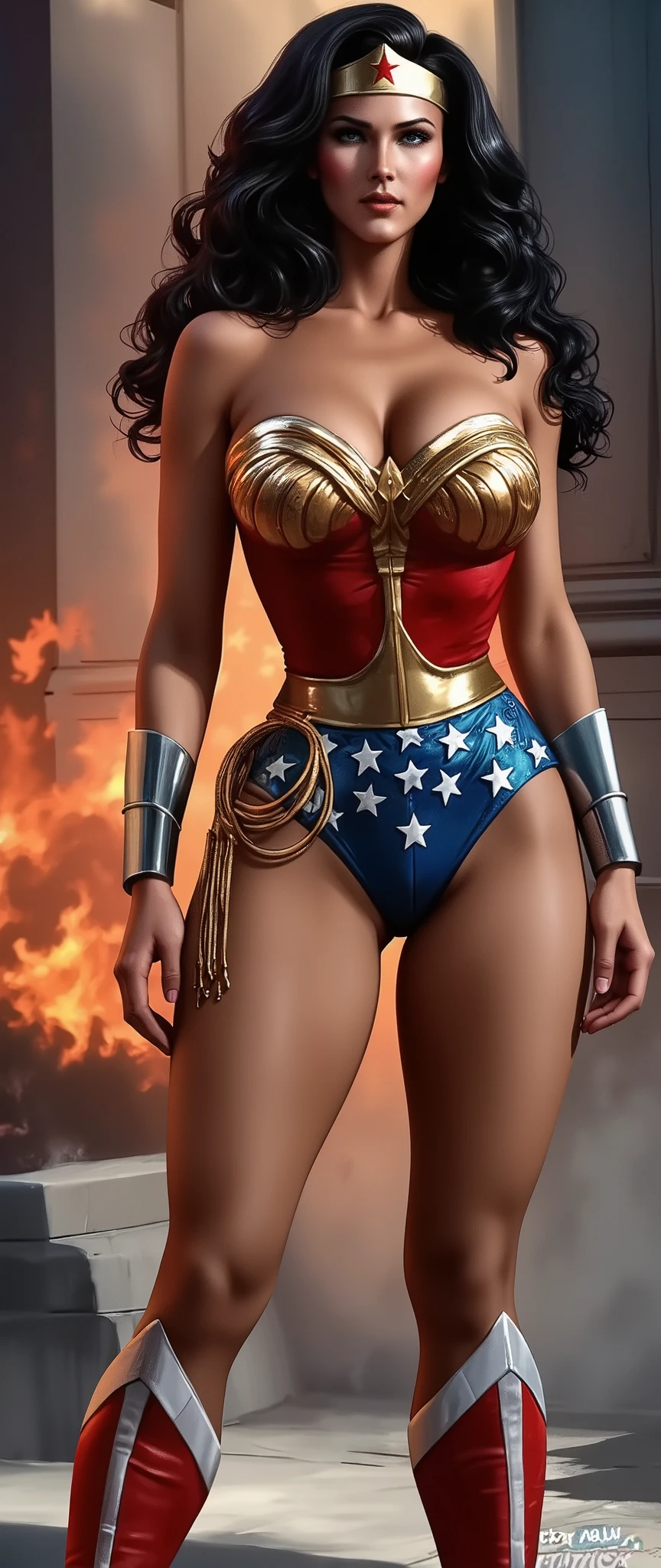 a gorgeous Wonder woman in a tight red and blue costume, long dark hair, beautiful detailed eyes, striking facial features, muscular athletic physique, confident powerful posture, in an epic action pose, dynamic lighting, cinematic dramatic scene, digital painting, intricate detailed rendering, hyper realistic, 8k, vibrant colors, dramatic shadows, cinematic lighting, heroic, powerful, awe-inspiring