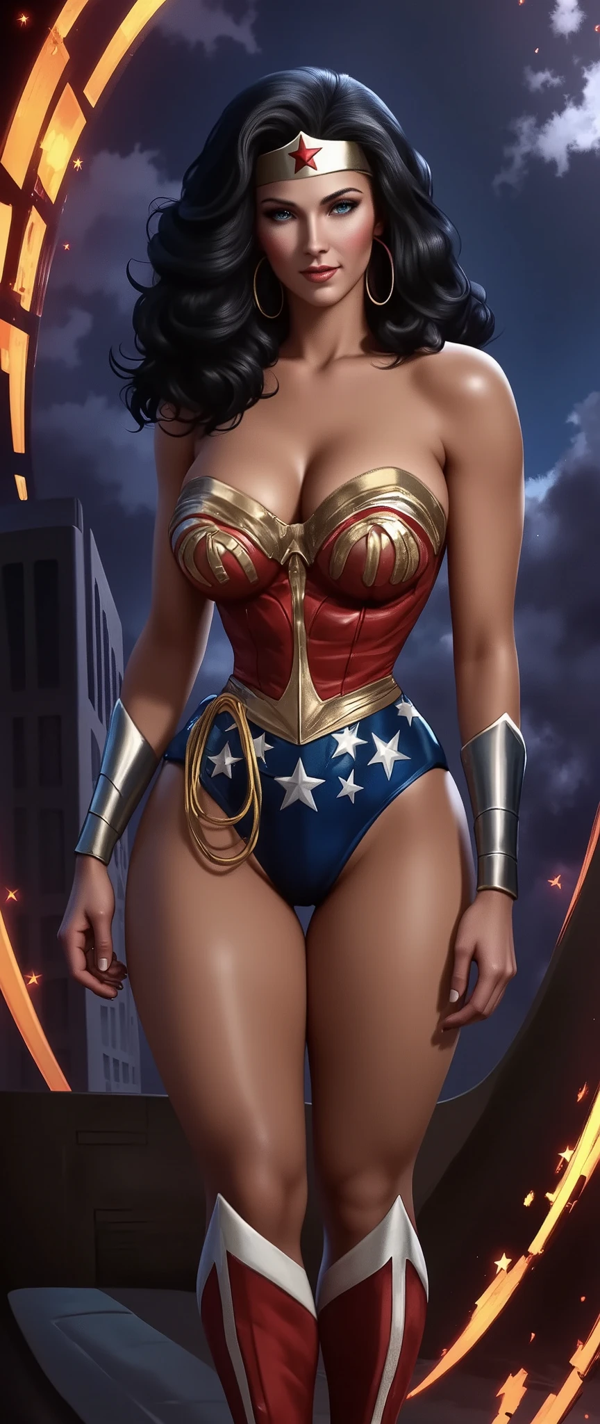 a gorgeous Wonder woman in a tight red and blue costume, long dark hair, beautiful detailed eyes, striking facial features, muscular athletic physique, confident powerful posture, in an epic action pose, dynamic lighting, cinematic dramatic scene, digital painting, intricate detailed rendering, hyper realistic, 8k, vibrant colors, dramatic shadows, cinematic lighting, heroic, powerful, awe-inspiring