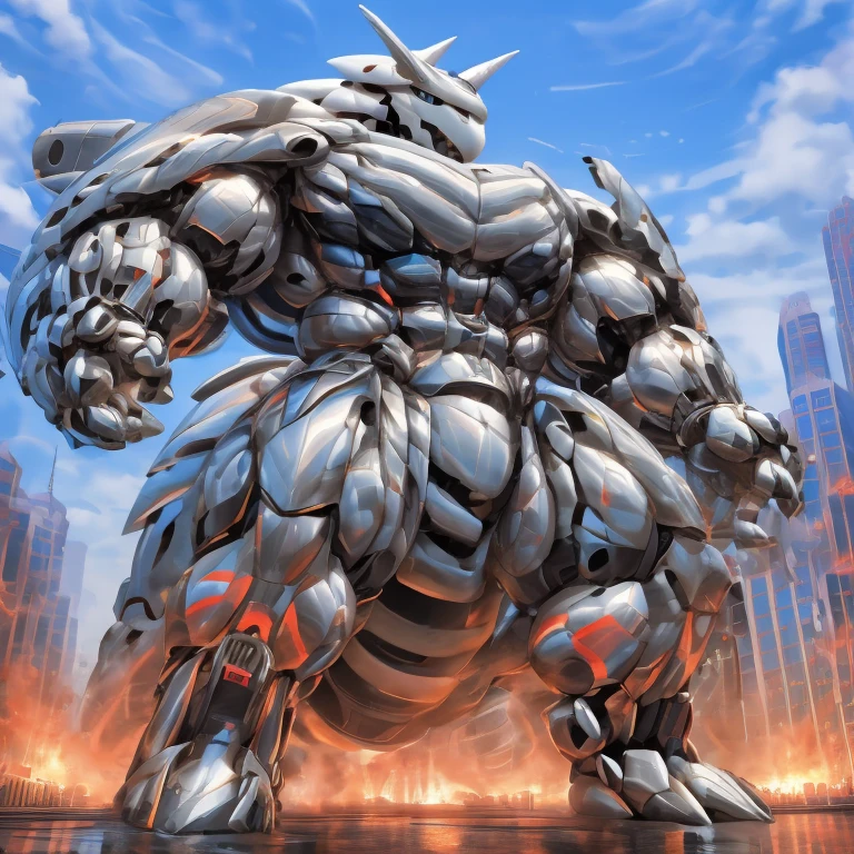 (GIANT mechanical Aggron rampage through a city, crushing buildings beneath their unstoppable metal frames), (official art, 
best quality, highly detailed) (terrifying and imposing design, 
smoke and flames rising from the destruction in the background, a lone figure)
(high-tech bio-mecha armor, metallic, real texture material) (Aggron, 8K), (gigantic muscles, Gigachad Muscular, big muscle, pecs, triceps, traps, unusually developed muscular body, body full of huge muscles. showing off muscles, pectorales enormes, Exaggeratedly huge muscles.),(Spread wings, It has wings, have big wings, golden wings), (whole body shines like metal, Wearing cyberpunk mecha, emphasizes the muscles, suit fully made of metal, intricate armor, Robotic suit, suit fully made of metal, cyborg), (giant Aggron, Aggron's giant robot, Powered exoskeleton with the same design as Aggron), (Masterpiece, highres) (Detailed head, Detailed Body, Detailed abs, full body), (black color hyper penis, hyper black penis), Fight against humanity.(body promoted, seen interacting with its surroundings, as large as a building, in the middle of a city, macro, (Low-angle perspective, emphasizing the immense size))