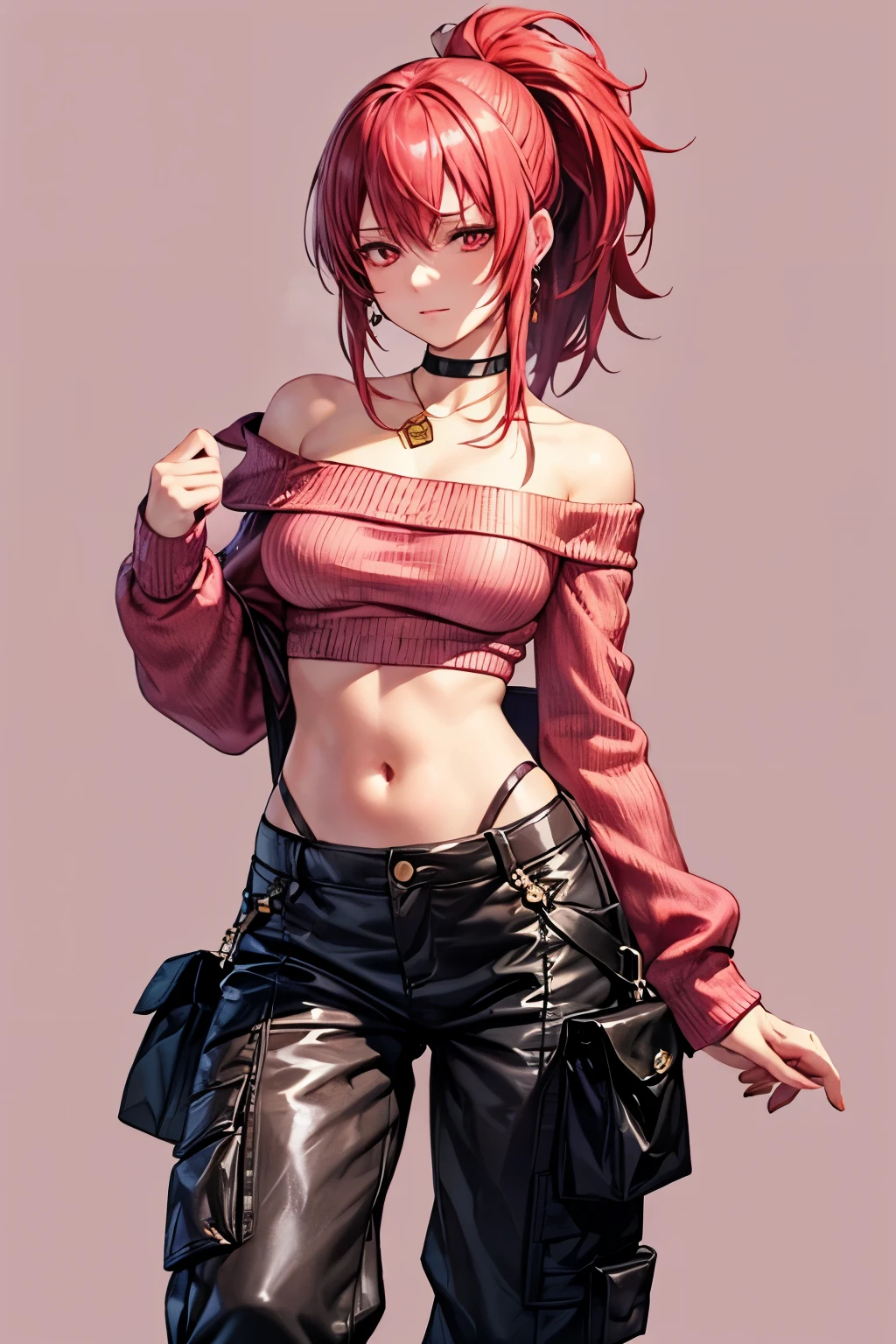 Leona Heidern, 1woman, breasts, solo, jewelry, red eyes, triangle earrings, leona heidern, crop top, ponytail, bright red hair, BREAK (pink theme:1.4), (vivid colors:1.3), (pink sweater:1.4), (long-sleeve:1.3), ((off shoulder, navel, stomach):1.3),BREAK (black theme:1.3), ((black oversized pants, black baggy pants):1.3), (black choker:1.2), (earrings:1.2), (lace-up boots:1.1),
(masterpiece), (highest quality), (Very detailed),(Disheveled Hair),(shape), (1 woman), (mature woman),30 years old,(Fashionable clothes), Are standing, View your audience, (interview), (Simple Background),Beautiful details, Delicate and beautiful face, floating,(High saturation),(Colorful splashes),Colorful bubbles,(The Shining), Focus on the face, (The Shining), Best lighting, Best Shadow,