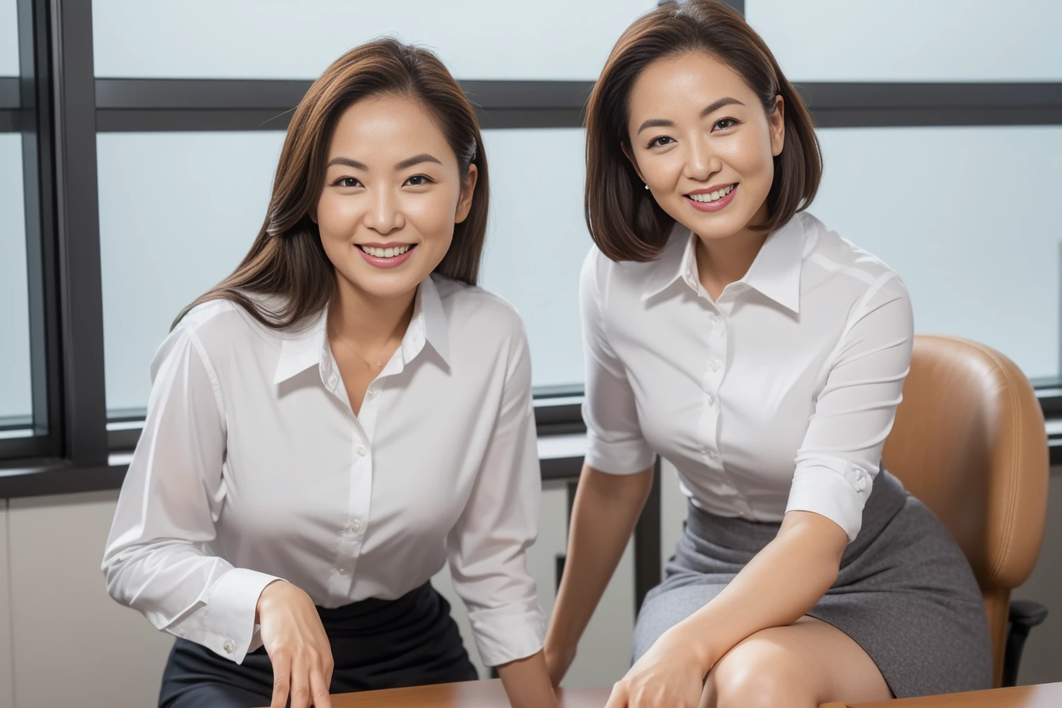 (( best quality, 8k, Masterpiecedetails,  ultra high resolution)), ( staring at the viewer ), ( full shot :), Attractive Business One Mature Woman, 1 person, A little thick:0.25,  White Collared Shirt ,  gray skirt, ( sitting cross-legged at office desk)), smile, CEO Office ,See-through bra