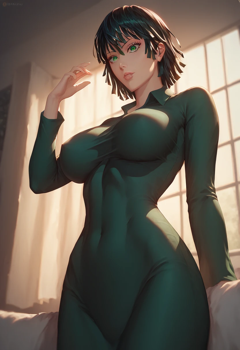 (score_9, score_8_up, score_7_up) 1girl, fubuki (one-punch man) black hair, short hair, tight green dress, long sleeves, collared dress, green eyes, perfect large breasts, view from below, sexy pose, dynamic angle Break, perfect lighting, shadows, bedroom, (beautiful detailed eyes:1.6)
