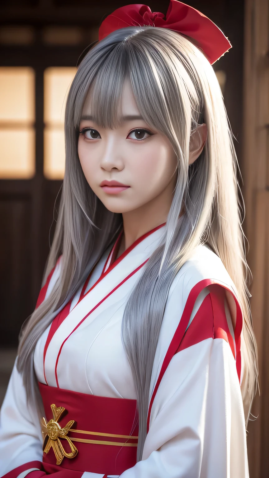 1 girl,  Straight Long Hair 、silver hair、 Full Body Shot, Brown eyes, Absurd、 facing the front、 putting hands together in front of the chest 、melancholy,tears、sorrow、Depressed 、 Shrine maiden costume、 White Kimono 、 Red Long Skirt 、((High resolution, Super sharp, 8k, masterpiece)), Pure Erotic Face Ace_v1 , ((High resolutionolution)), The finer details, Face line, (Realistic, Realistic: 1.37), Professional Lighting, Photon Mapping, Radio City, Physically Based Rendering, Rich details, (Beautiful Face),(Beautiful Eyes), (Clear Face), (Detailed face description), (Detailed hand description), Extreme light and shadow, Glowing Skin、cool、Diagonal bangs for points、Less exposure、melancholy、dusk、Beautiful sunrise、She's like she's trapped between worlds . She has a deep sorry expression on her face while staring out,