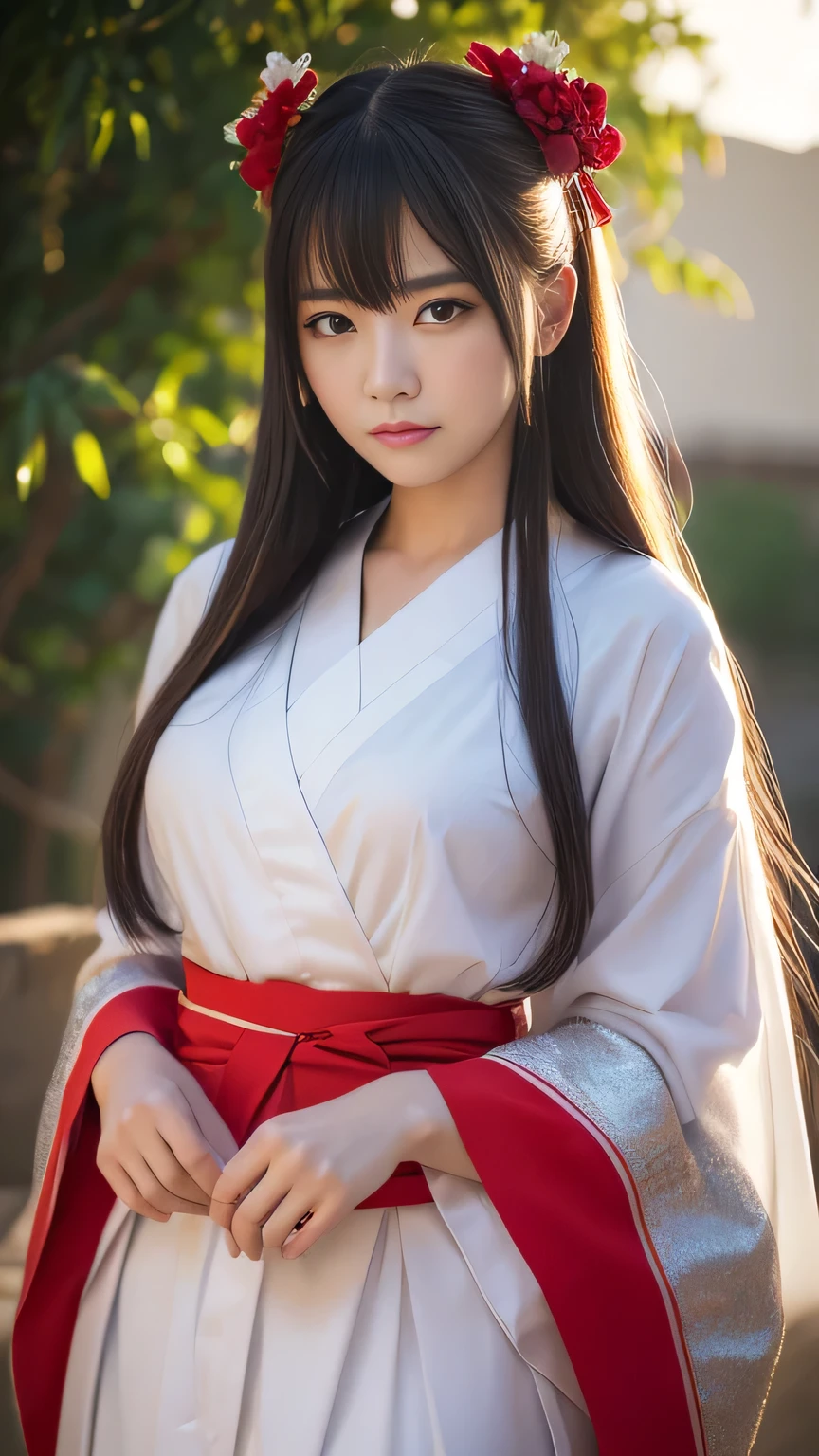 1 girl,  Straight Long Hair 、silver hair、 Full Body Shot, Brown eyes, Absurd、 facing the front、 putting hands together in front of the chest 、melancholy,tears、sorrow、Depressed 、 Shrine maiden costume、 White Kimono 、 Red Long Skirt 、((High resolution, Super sharp, 8k, masterpiece)), Pure Erotic Face Ace_v1 , ((High resolutionolution)), The finer details, Face line, (Realistic, Realistic: 1.37), Professional Lighting, Photon Mapping, Radio City, Physically Based Rendering, Rich details, (Beautiful Face),(Beautiful Eyes), (Clear Face), (Detailed face description), (Detailed hand description), Extreme light and shadow, Glowing Skin、cool、Diagonal bangs for points、Less exposure、melancholy、dusk、Beautiful sunrise、She's like she's trapped between worlds . She has a deep sorry expression on her face while staring out,