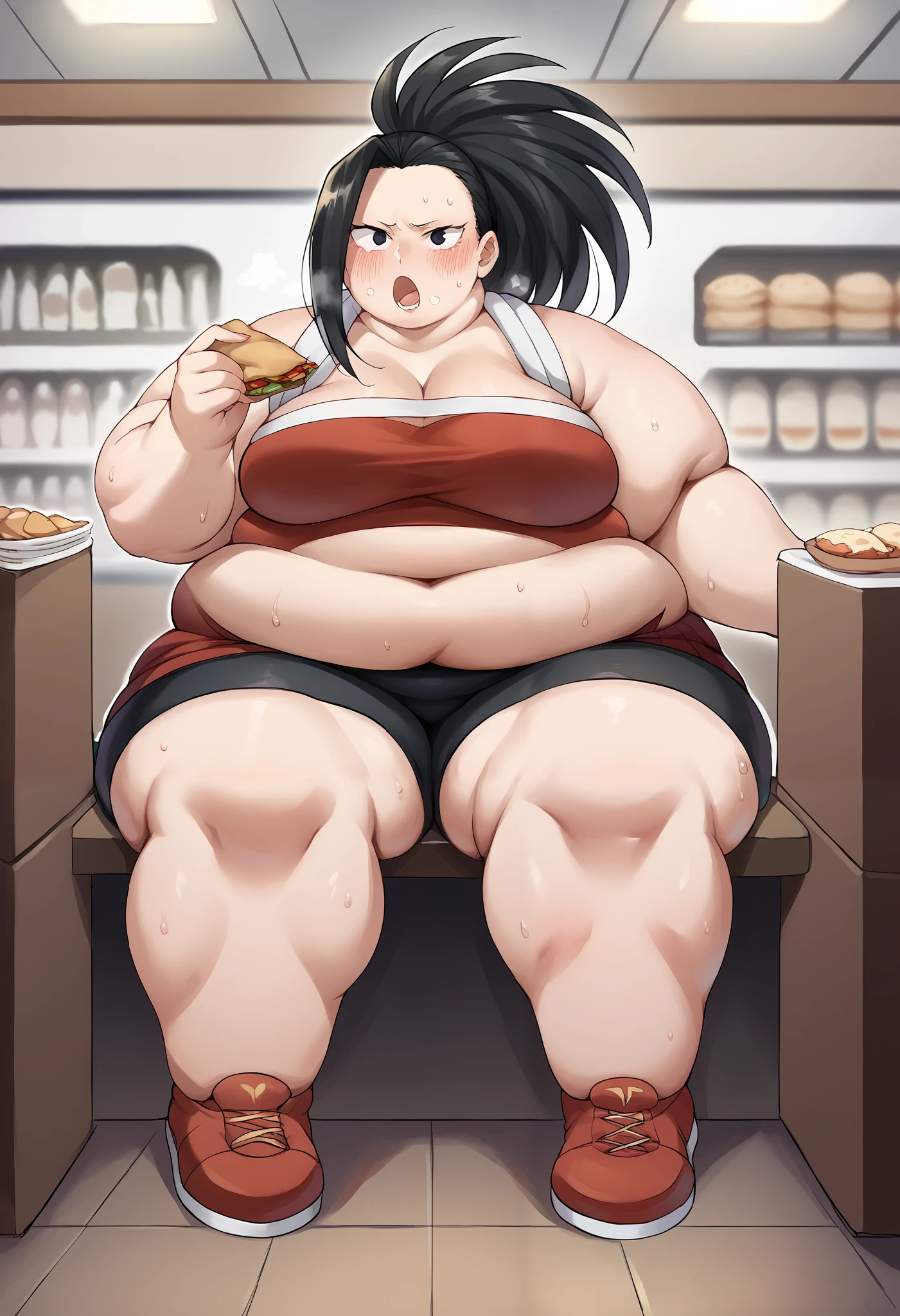 score_9, score_8_up, score_7_up, source_anime BREAK 1girl, momoyaoyorozu, yaoyorozu momo, black eyes, black hair, long hair, blush, black hair,, female , ganryu, red tube top, black bike shorts, sitting eating, restaurant, open mouth  sweating, growing fatter, fat, chubby, obese, full body shot, gigantic arms and legs, out of breath, 