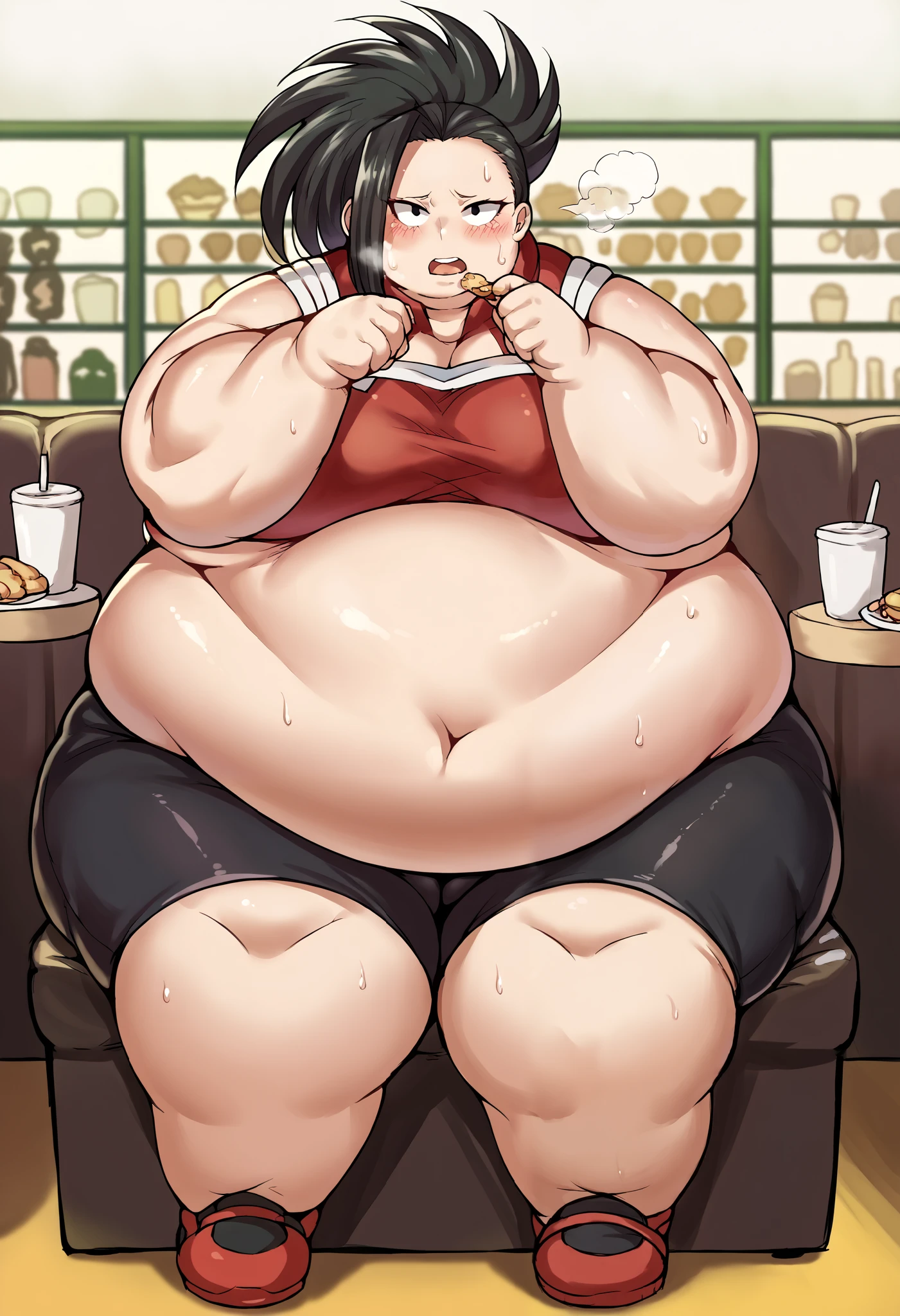 score_9, score_8_up, score_7_up, source_anime BREAK 1girl, momoyaoyorozu, yaoyorozu momo, black eyes, black hair, long hair, blush, black hair,, female , ganryu, red tube top, black bike shorts, restaurant, sitting, eating open mouth  sweating, growing fatter, fat, chubby, obese, full body shot, gigantic arms and legs, out of breath,