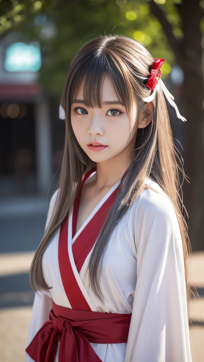 1 girl,  Straight Long Hair 、Silver Hair、 Full Body Shot, Brown eyes, Absurd、 facing the front、melancholy,tears、sorrow、Depressed 、 Shrine maiden costume、 White Kimono 、 Red Long Skirt 、((High resolution, Super sharp, 8k, masterpiece)), Pure Erotic Face Ace_v1 , ((High resolutionolution)), The finer details, Face line, (Realistic, Realistic: 1.37), Professional Lighting, Photon Mapping, Radio City, Physically Based Rendering, Rich details, (Beautiful Face),(Beautiful Eyes), (Clear Face), (Detailed face description), (Detailed hand description), Extreme light and shadow, Glowing Skin、cool、Diagonal bangs for points、Less exposure、melancholy、dusk、Beautiful sunrise、She's like she's trapped between worlds . She has a deep sorry expression on her face while staring out,