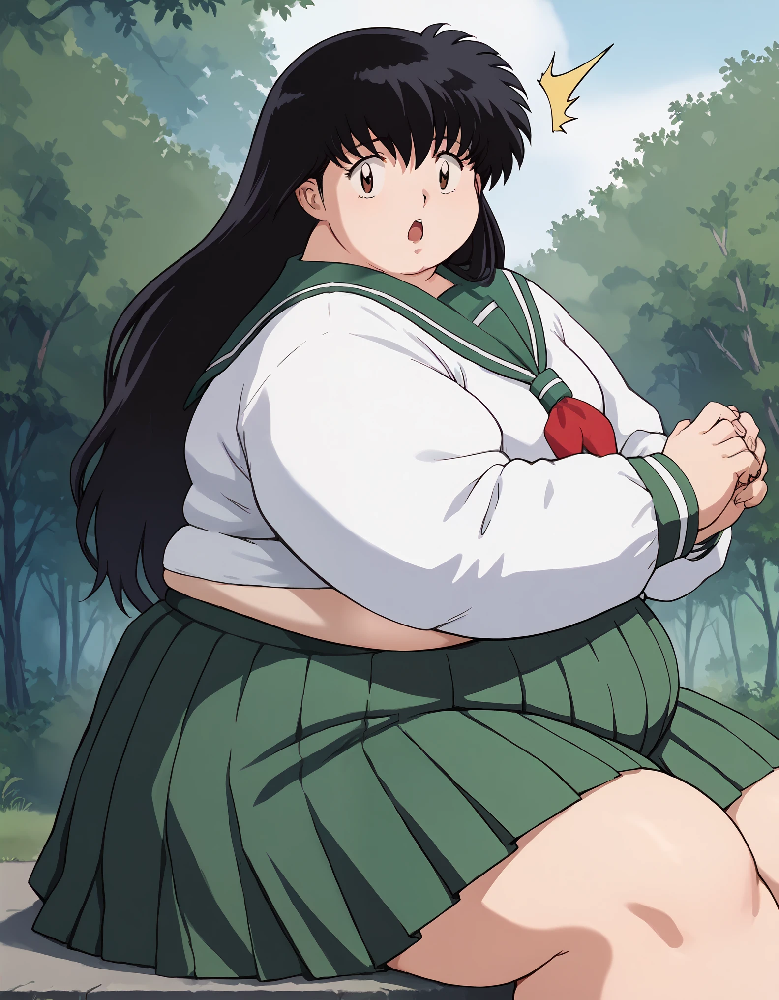 score_9, score_8_up, score_7_up, source_anime,
kagomehigurashi, kagome higurashi, long hair, black hair, retro artstyle, brown eyes, surprised reaction, shouting, open mouth,
skirt, shirt, long sleeves, school uniform, white shirt, pleated skirt, serafuku, sailor collar, green skirt, 
outdoors, forest, nature,
looking at viewer,  fat, chubby, obese, gigantic arms and legs,  sitting, side view, clothes ripping 