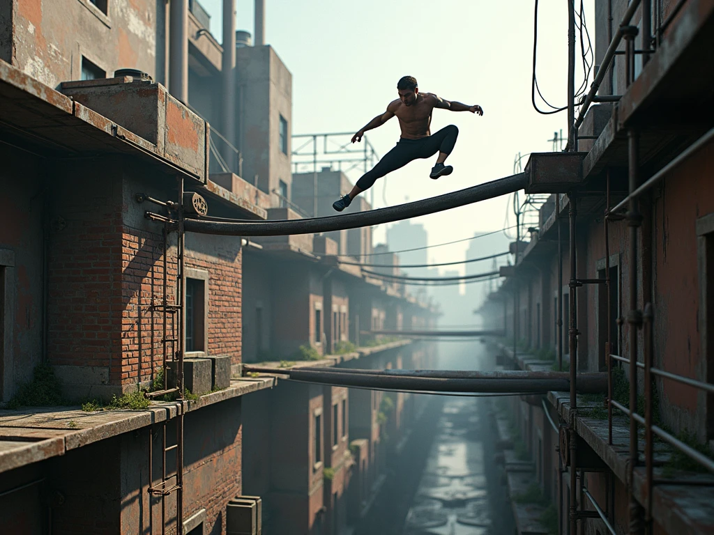 Man who has brown skin, a little darker, and her hair is brown with blonde highlights. In a typical scenario, you could be in an environment like an abandoned warehouse, with the sunset visible in the background. Maybe you're doing a calisthenics move, like the planche lever, what is your favorite move. The setting can reflect a contrast between the sunset light and the rustic and challenging atmosphere of the shed, creating an image of strength and determination.