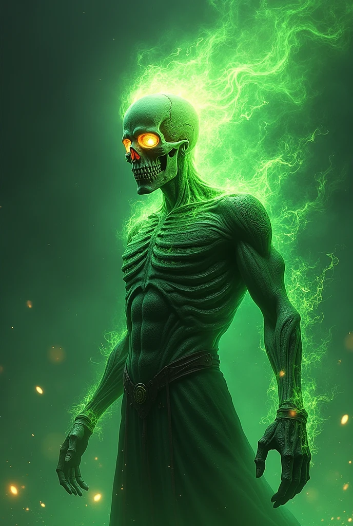 a closeup of a man with green fire on his head and torso, glowing human, As illustrated in Top Cow Comics, Shining in power, Holding green fire, Bright Green Soul Blade,skeleton,skeleton humano,bones,melt,nuclear,(1man)
