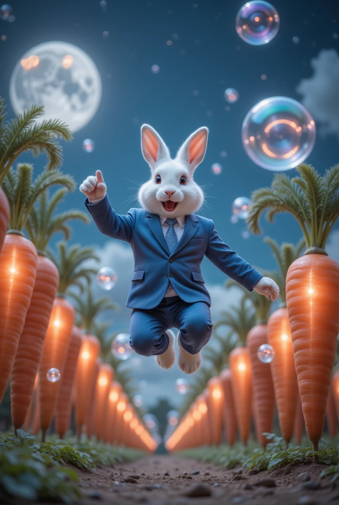 HD 16: 9 images :  {x} Extraordinary night view in the carrot garden

in this fascinating image,  a happy white bunny ,  wearing a striking blue suit and tie ,  with a wide-angle lens ,  leaping into the sky in a fantastic carrot garden .  carrots aren't ordinary — they're full of brilliant ,  Happy sparkling bubbles gently floating ,  adding a magical touch to the scene .

Jump as a rabbit ,  flying gracefully in the air ,  creating a surreal contrast between reality and the future .  The background is a serene 