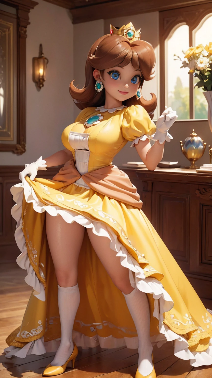 ((masterpiece,best quality,ultra-delicate,Perfect Face,detailed eyes,16k,high resolution,very beautiful girl)), princess daisy, yellow princess dress, white gloves, brown hair,large breasts,full body shot,smile,energetic,indoor