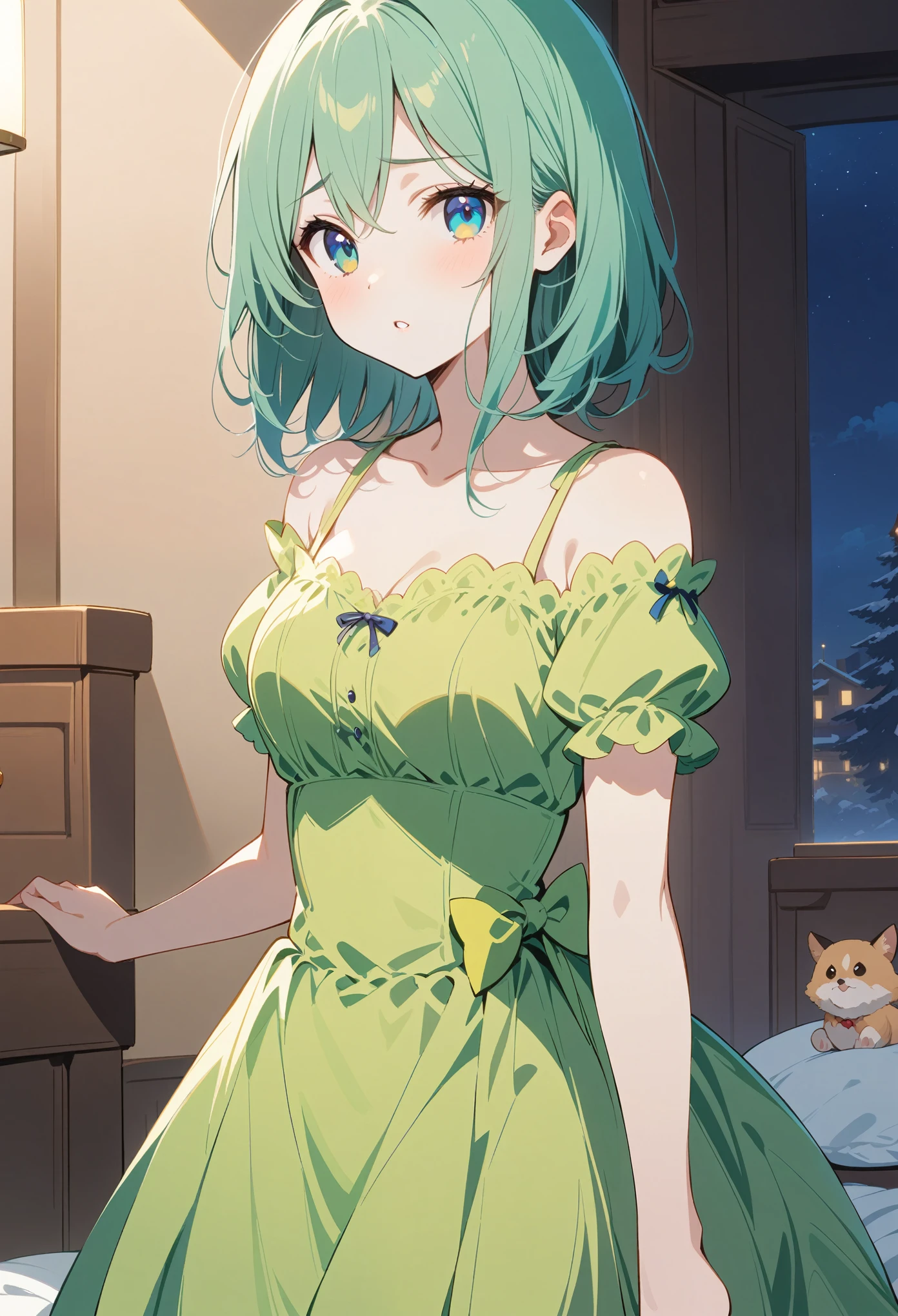 1 girl at home,Full body portrait, turquoise hair , turquoise eyes , lying in bed ,night, turquoise dress, show your legs , showing arms ,Snow white skin,shallots,Mature charm,Weakness,Brows slightly furrowed,pathetic