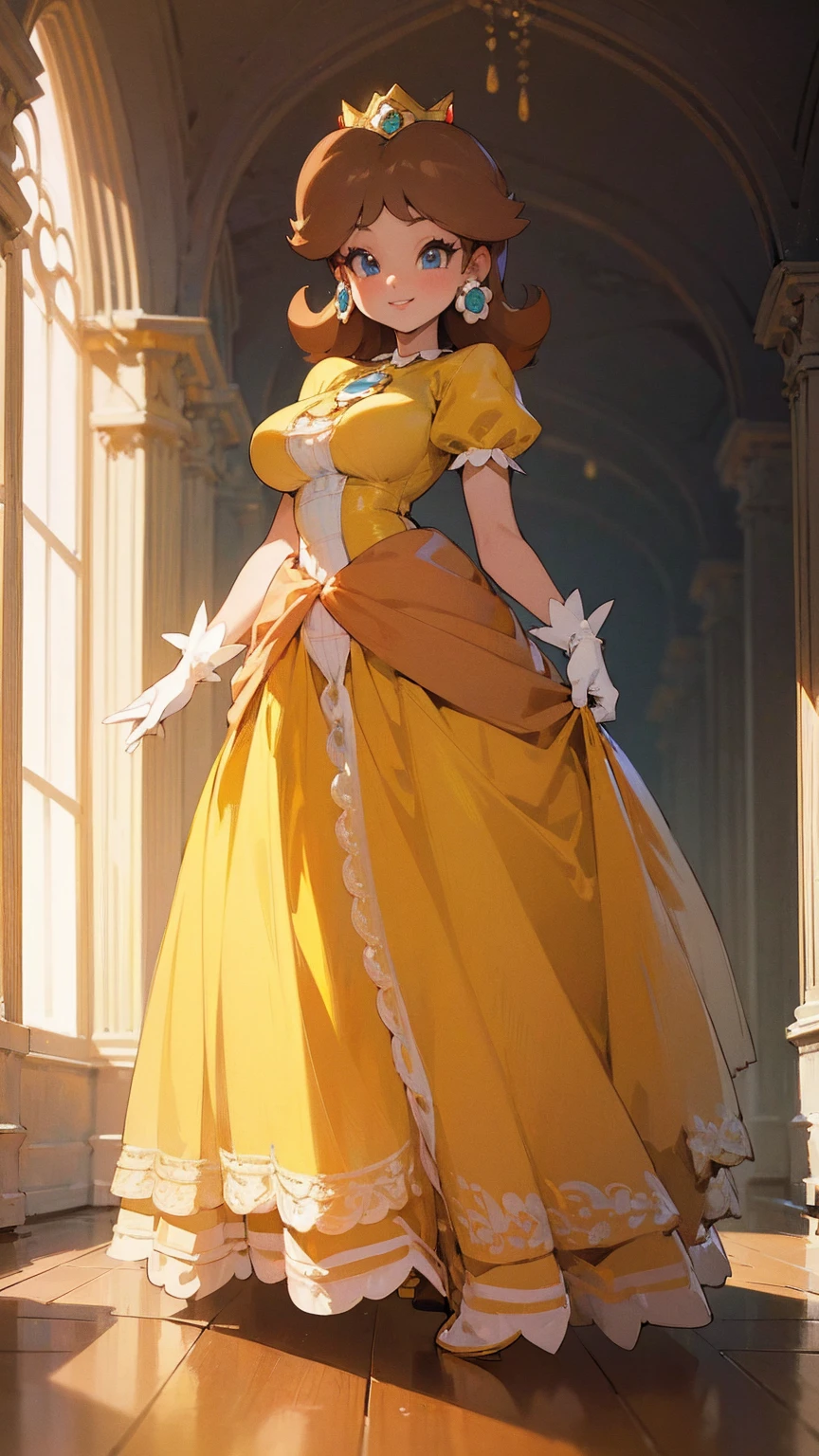 ((masterpiece,best quality,ultra-delicate,Perfect Face,detailed eyes,16k,high resolution,very beautiful girl)), princess daisy, yellow princess dress, white gloves, brown hair,large breasts,full body shot,smile,energetic,indoor