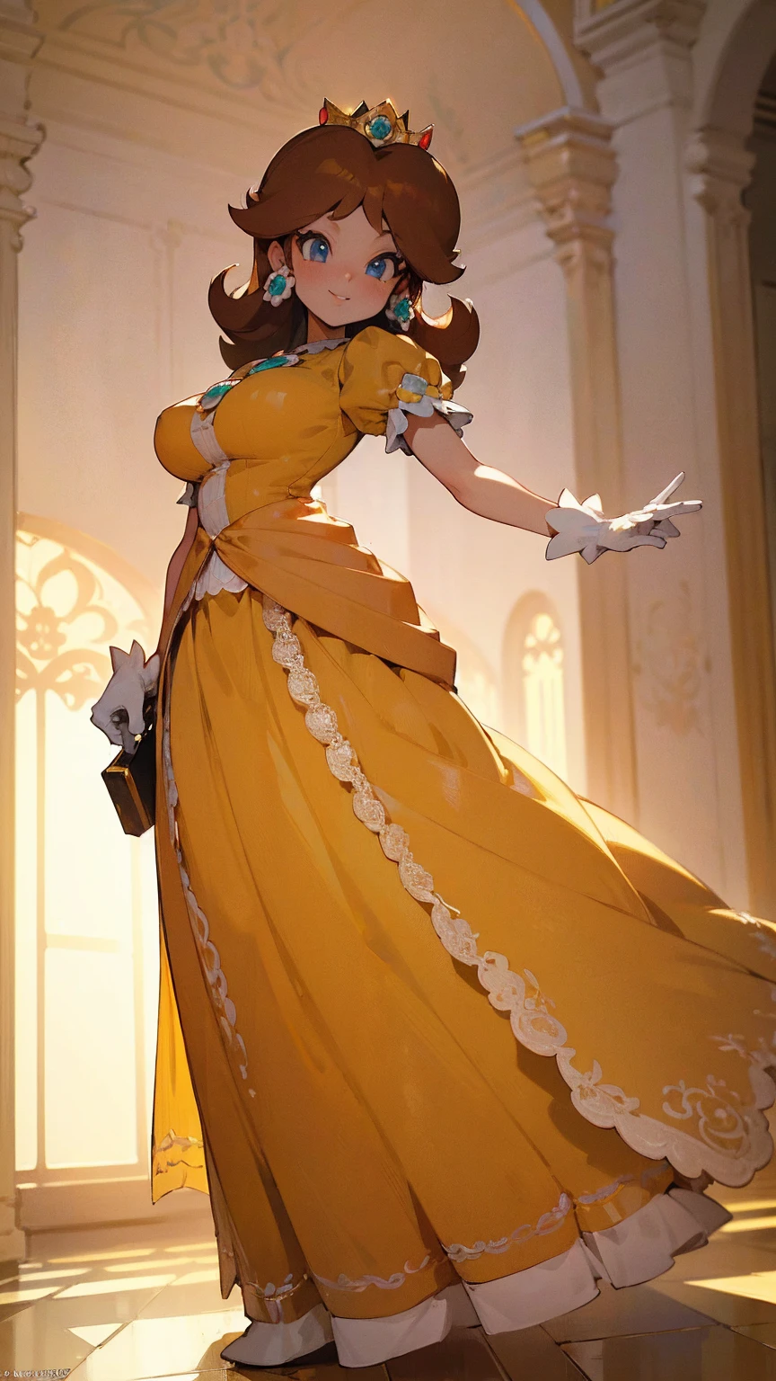 ((masterpiece,best quality,ultra-delicate,Perfect Face,detailed eyes,16k,high resolution,very beautiful girl)), princess daisy, yellow princess dress, white gloves, brown hair,large breasts,full body shot,smile,energetic,indoor