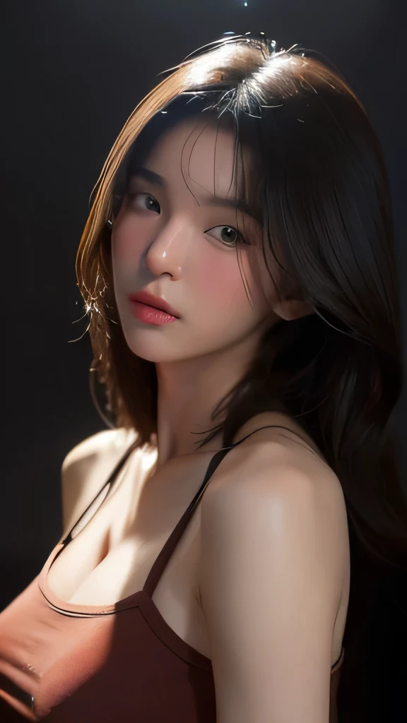 Best quality, masterpiece, ultra high res, (photorealistic:1.4), raw photo, 1girl, offshoulder, in the dark, deep shadow, caustics, looking at the viewer with a serene bliss, diffused light