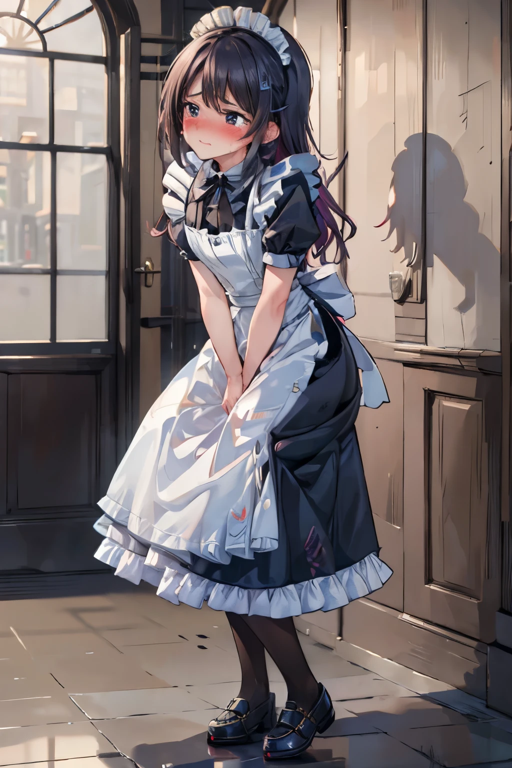 (8K, ultra-detailed, best quality, anatomically perfect body:2), (middle breast:1.2), shiny skin, (1 girl), (have to pee), (urge to pee), (very desperate to pee), girl Waiting line for the restroom, (foot stomping), (fidget:2), (transparent peeing, wetting self:0.1), (Victorian maid:1.3), (mary Jane shoes:1.3), (leaning forward:1.3), (shrugs:1.6), (orgasm:1.1), (full face blush:1.7), (embarrassment:1.6), (impatience:1.7), (flustered:1.5), (flowing sweat:0.7), (twist whole body:1.6), (panting), breathless, (Humiliation), (Erotic feelings), (closed eyes:0.8), (looking away), (tear:1.4), (head tilt:1.2), (wavy mouth:0.7), (SIGMA 105 mm F/2.8, 1/100 sec shutter, award-winning), nsfw,