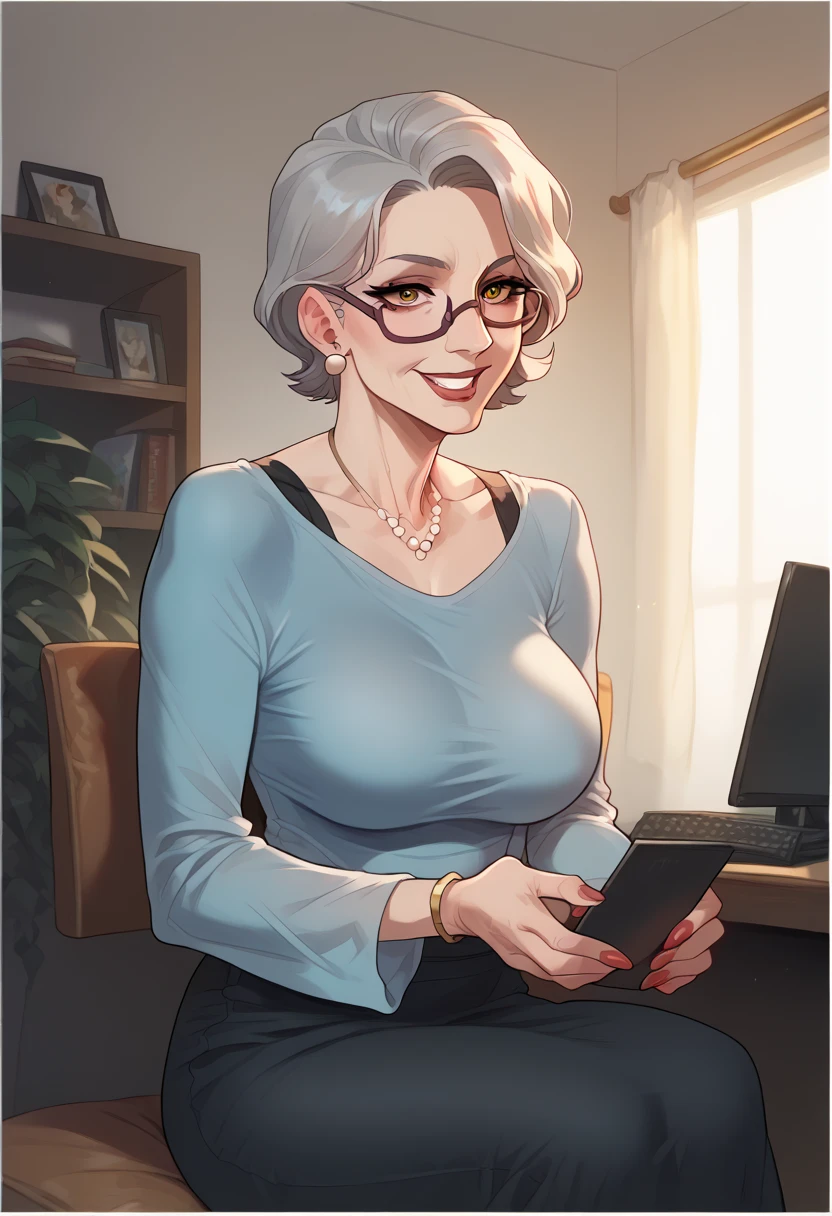 Sara, a 50-year-old grandmother with long gray hair and glasses, 2020 years, with comfortable clothes to be at home, in her living room, sitting in front of a computer while smiling, You can see shelves full of books in the background, MEDIUM SHOT, comic style, hyper-realistic, photo realism, cinematography --ar 9:16