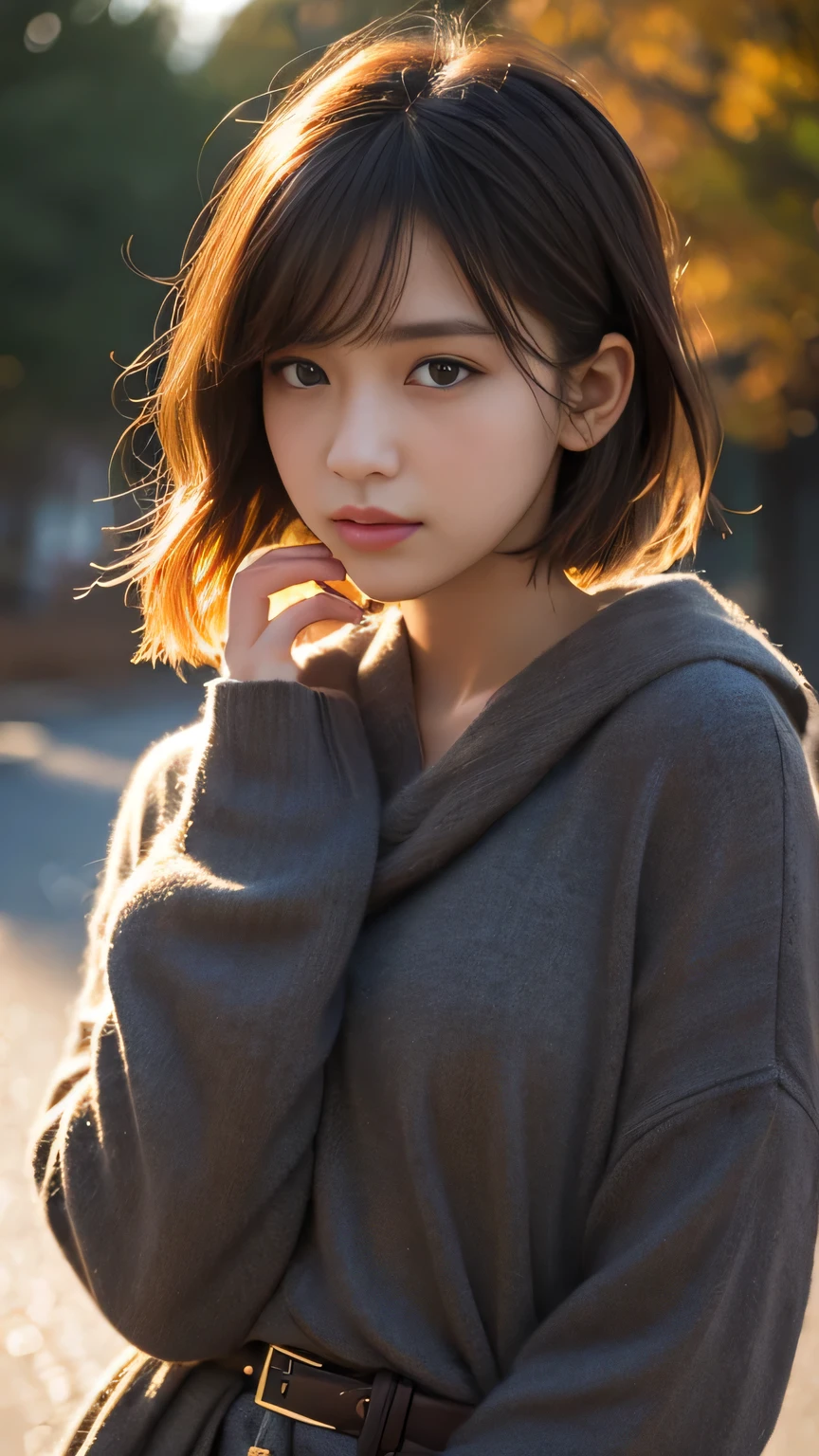 1 girl, short hair, Full Body Shot, Brown eyes, Absurd、melancholy,tears、sorrow、Depressed 、 profile、((High resolution, Super sharp, 8k, masterpiece)), Pure Erotic Face Ace_v1 , ((High resolutionolution)), The finer details, Face line, (Realistic, Realistic: 1.37), Professional Lighting, Photon Mapping, Radio City, Physically Based Rendering, Rich details, (Beautiful Face),(Beautiful Eyes), (Clear Face), (Detailed face description), (Detailed hand description), Extreme light and shadow, Glowing Skin、cool、Diagonal bangs for points、Less exposure、melancholy、dusk、Autumn clothes、Beautiful sunrise、Showing from the waist up