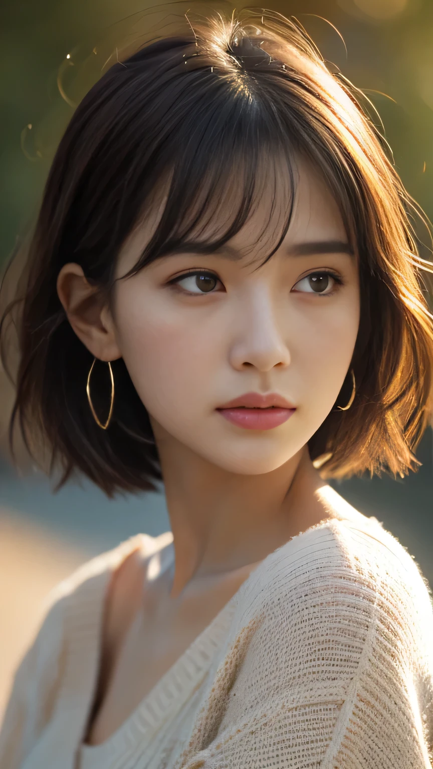 1 girl, short hair, Full Body Shot, Brown eyes, Absurd、melancholy,tears、sorrow、Depressed 、 profile、((High resolution, Super sharp, 8k, masterpiece)), Pure Erotic Face Ace_v1 , ((High resolutionolution)), The finer details, Face line, (Realistic, Realistic: 1.37), Professional Lighting, Photon Mapping, Radio City, Physically Based Rendering, Rich details, (Beautiful Face),(Beautiful Eyes), (Clear Face), (Detailed face description), (Detailed hand description), Extreme light and shadow, Glowing Skin、cool、Diagonal bangs for points、Less exposure、melancholy、dusk、Autumn clothes、Beautiful sunrise、Showing from the waist up