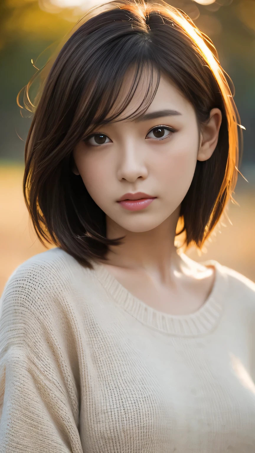 1 girl, short hair, Full Body Shot, Brown eyes, Absurd、melancholy,tears、sorrow、Depressed 、 profile、((High resolution, Super sharp, 8k, masterpiece)), Pure Erotic Face Ace_v1 , ((High resolutionolution)), The finer details, Face line, (Realistic, Realistic: 1.37), Professional Lighting, Photon Mapping, Radio City, Physically Based Rendering, Rich details, (Beautiful Face),(Beautiful Eyes), (Clear Face), (Detailed face description), (Detailed hand description), Extreme light and shadow, Glowing Skin、cool、Diagonal bangs for points、Less exposure、melancholy、dusk、Autumn clothes、Beautiful sunrise、Showing from the waist up